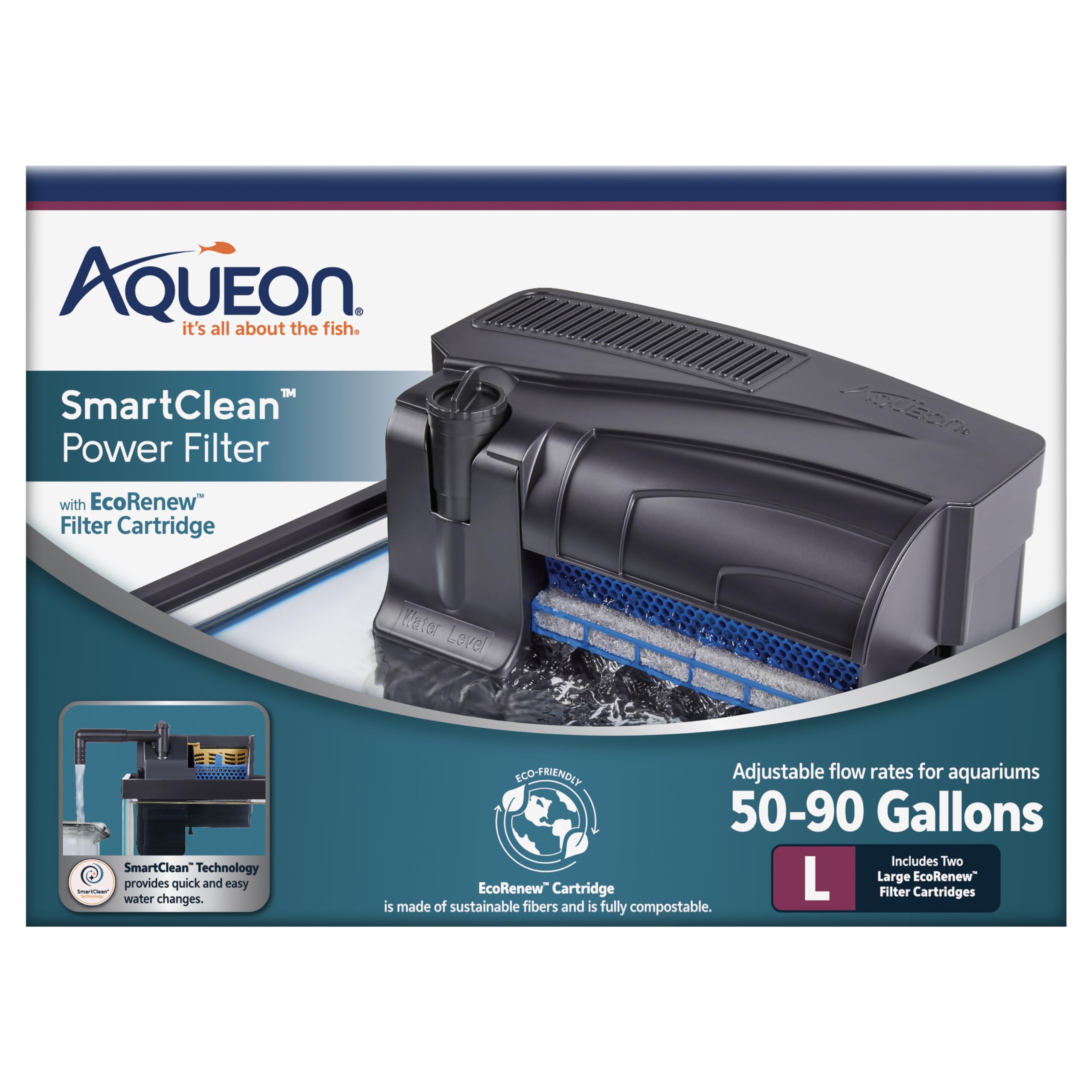 Aqueon Aquarium Fish Tank SmartClean Power Filter with EcoRenew Filter Cartridge, 50-90 Gallons