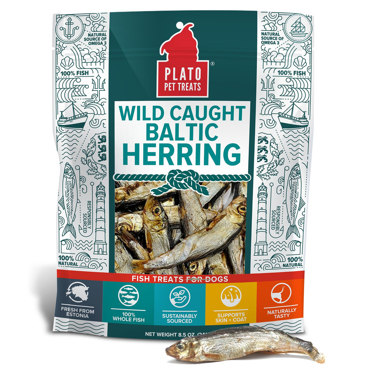 Plato Pet Treats Fish Dog Treats - Air-Dried, Single Ingredient Dog Treat - With Omega 3 & 6 Fatty Acids To Support Skin And Coa