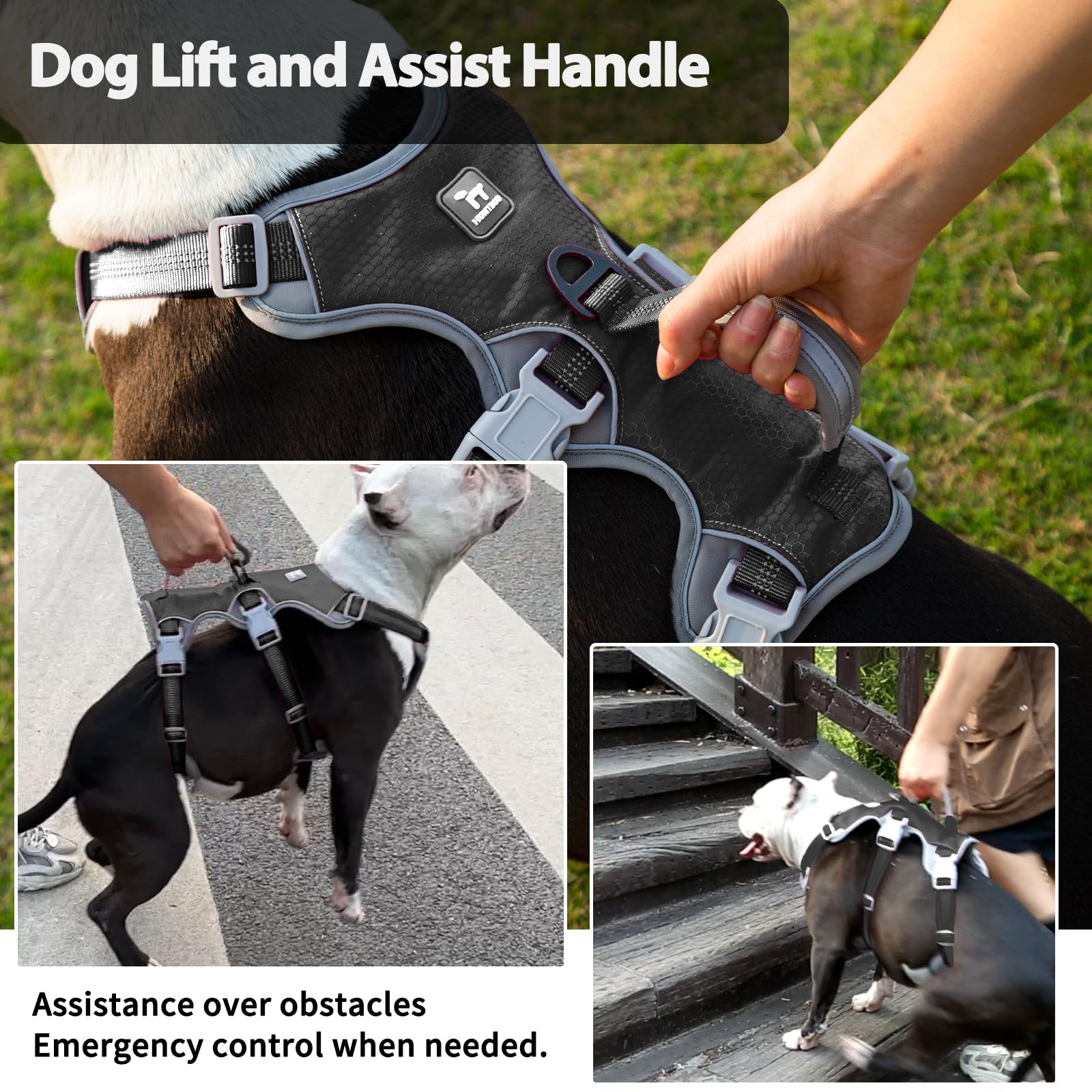 Huntboo Escape Proof Dog Harness, Reflective & Adjustable, Large, Black, Oxford & Polyester, Model HD-03-BLACK-L-NEW