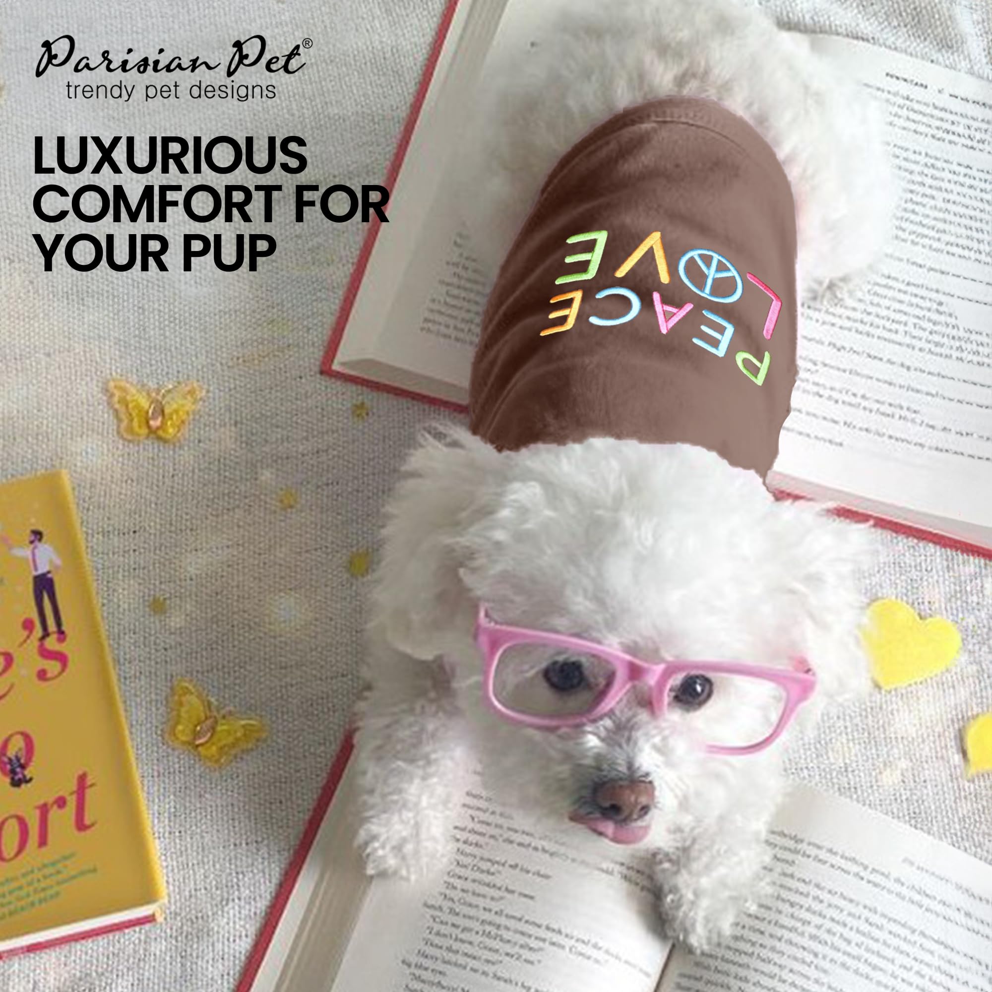 Parisian Pet Dog T-Shirt - Embroidered Peace Love 100% Cotton, Breathable Dog Clothes - Sleeveless Pet Vest - Machine Washable D
