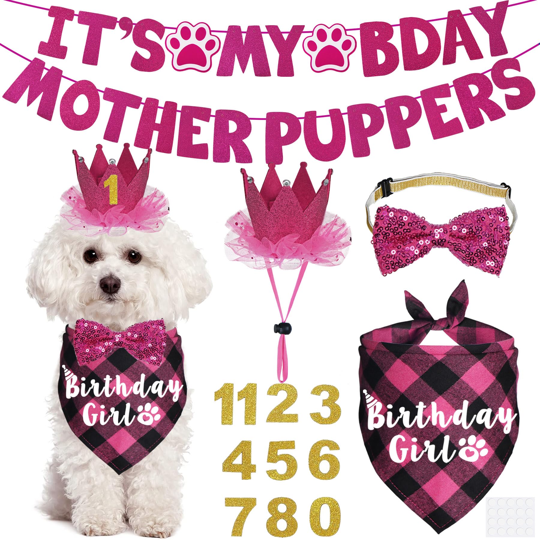Jotfa Dog Birthday Decorations, Multi Sizes Dog Birthday Bandana Girl Dog Birthday Hat Crown Bow Tie Birthday Numbers Its My Bda