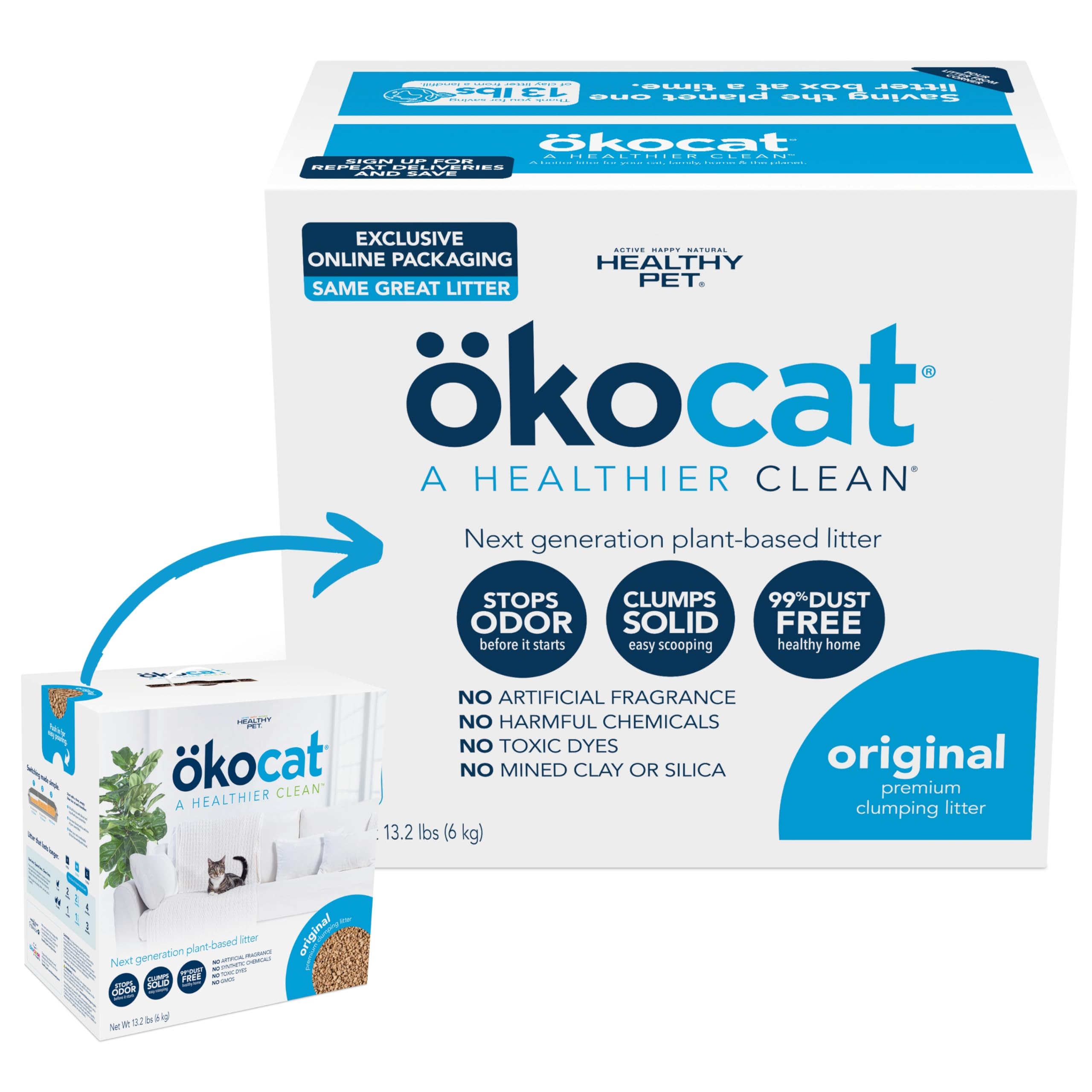 Ökocat Original Wood Clumping Cat Litter, Unscented, 13.2 Pounds - Natural Ingredients, Stops Odor, Clumps Solid, 99% Dust Free, Great For All Cats