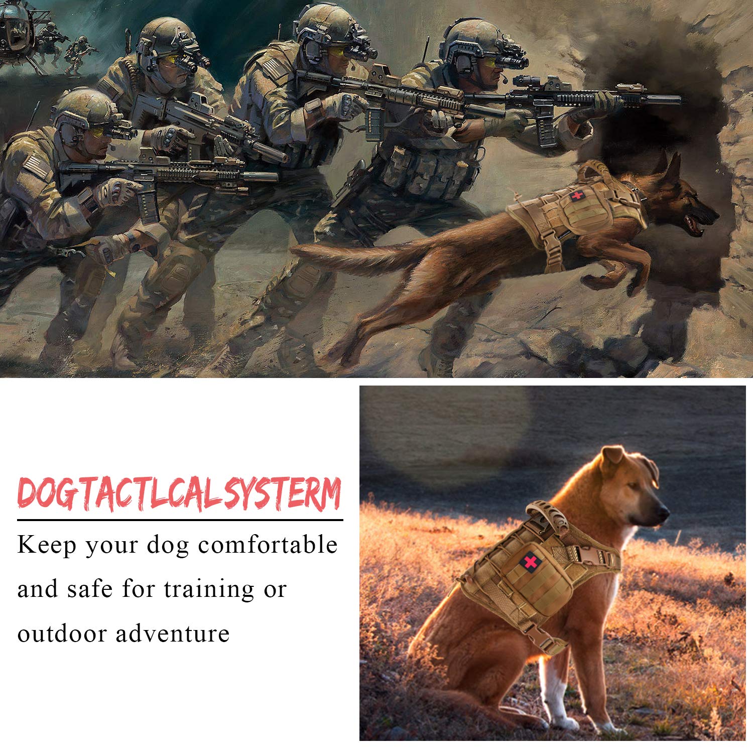 Hanshengday Tactical Service Dog Vest Harness for Medium Large Dog, Military K9 Training Dog Vest with Molle System Adjustable T