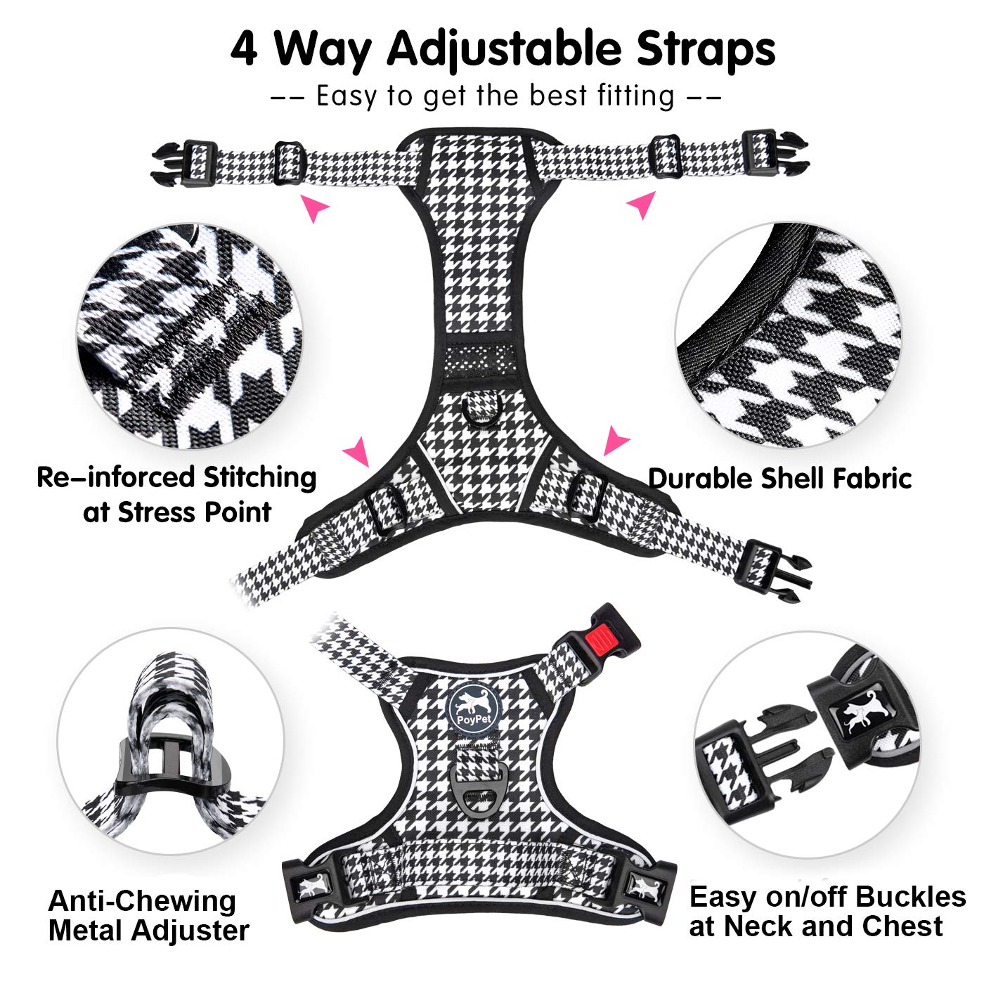 Poypet No Pull Dog Harness, [Release On Neck] Reflective Adjustable No Choke Pet Vest With Front & Back 2 Leash Attachments, Soft Control Training Handle For Small Medium Large Dogs(Houndstooth,S)