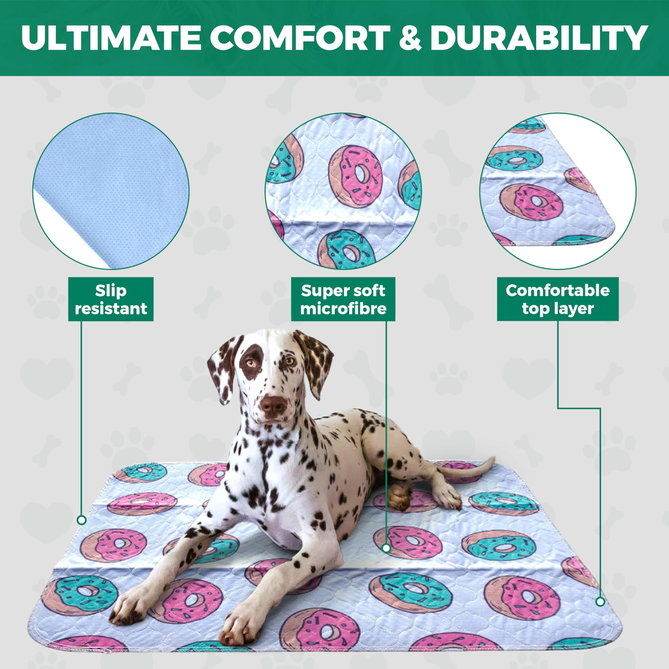 Dry Paws Washable Dog Pee Pads - Waterproof & Reusable Puppy Pads - Durable & Ultra Absorbent Dog Pee Mat With Doughnuts Design