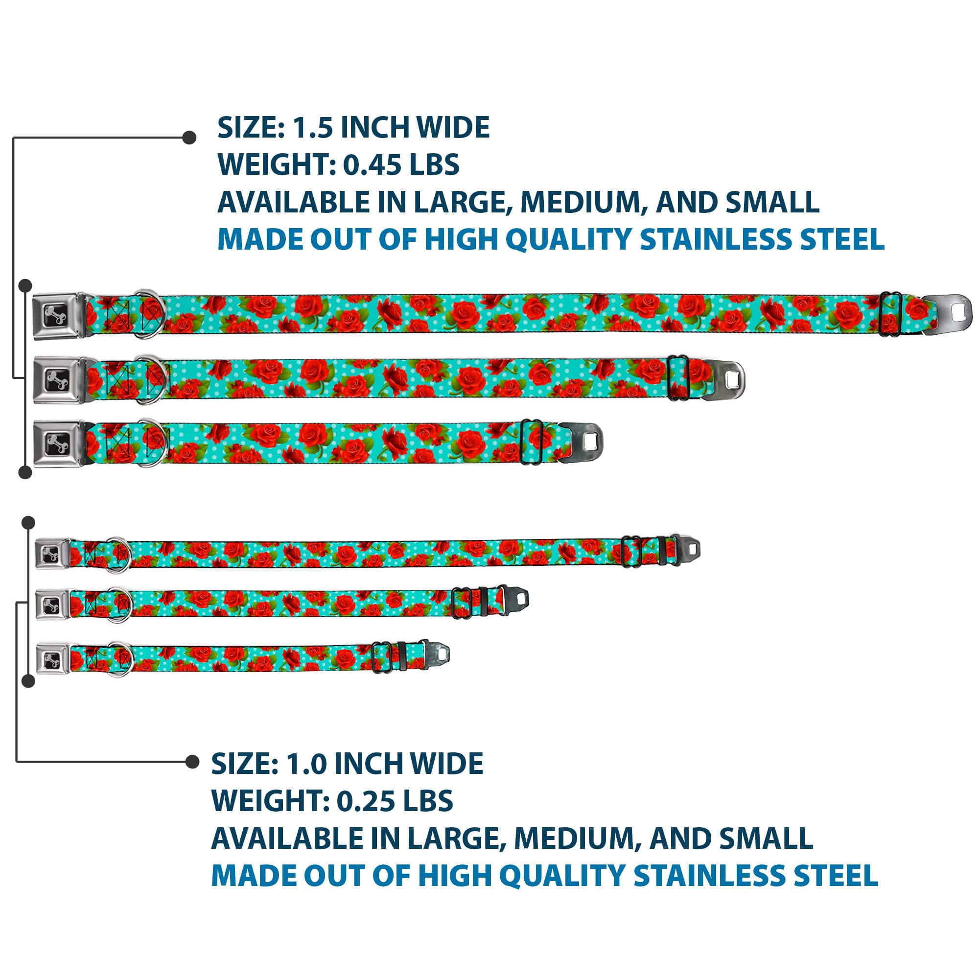 Buckle-Down Dog Collar Seatbelt Buckle Red Roses Polka Dots Turquoise 16 To 23 Inches 1.5 Inch Wide, Multicolor (Dc-W31846-Wm)