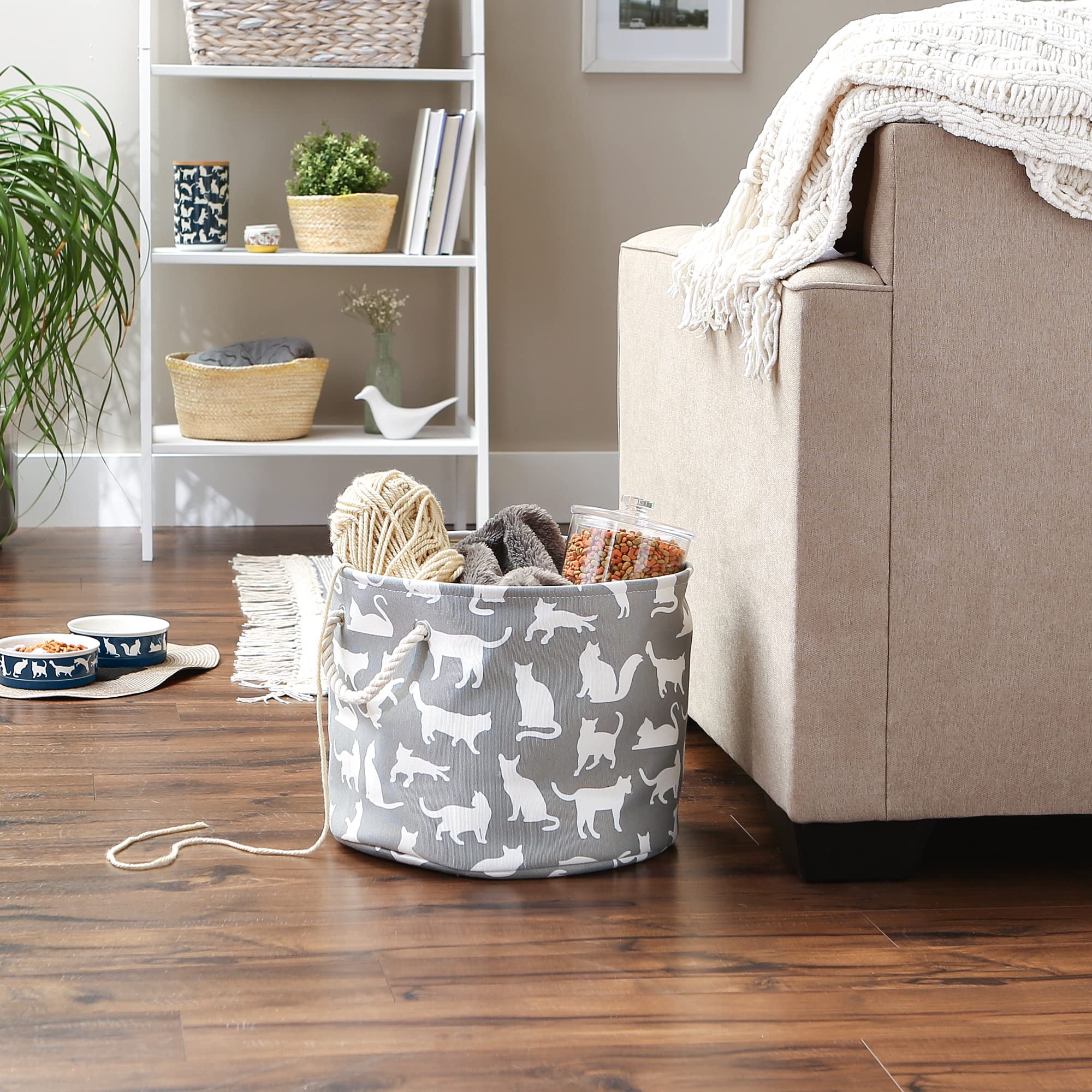 POLYESTER PET BIN CATS MEOW GRAY ROUND MEDIUM 12x15x15
