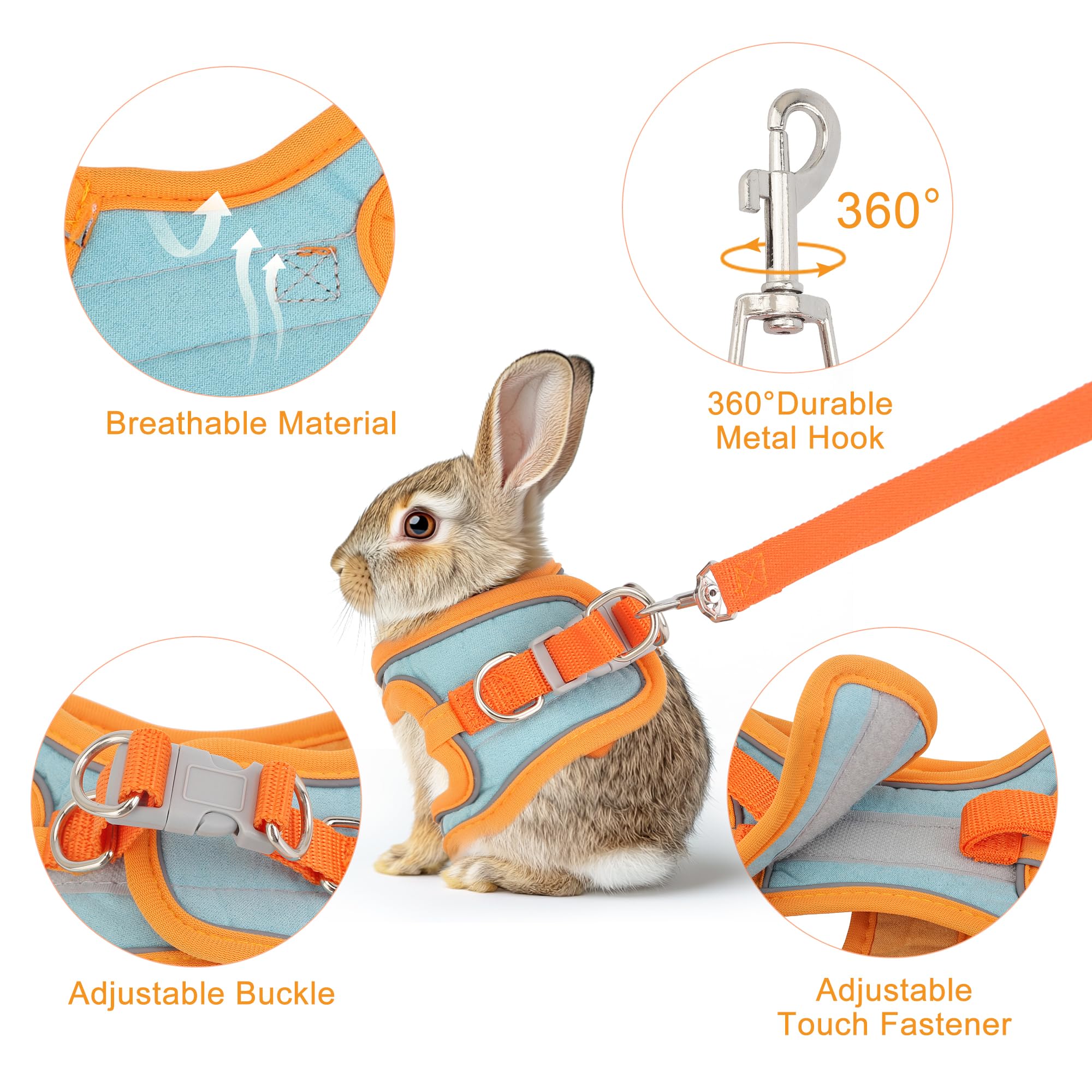 Filhome Adjustable Rabbit Harness And Leash Set Double Buckle With Reflective Strips Soft Bunny Breathable Vest Harness For Kitt