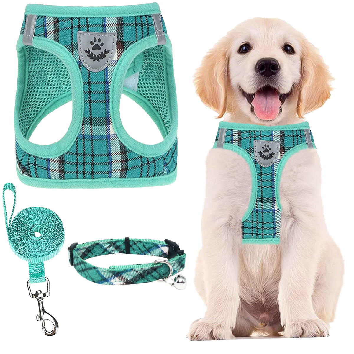 Pupteck Adjustable Dog Harness Collar And Leash Set Step In No Pull Pet Harness For Small Medium Dogs Puppy And Cats Outdoor Walking Running, Soft Mesh Padded Reflective Vest Harnesses, Lake Green S