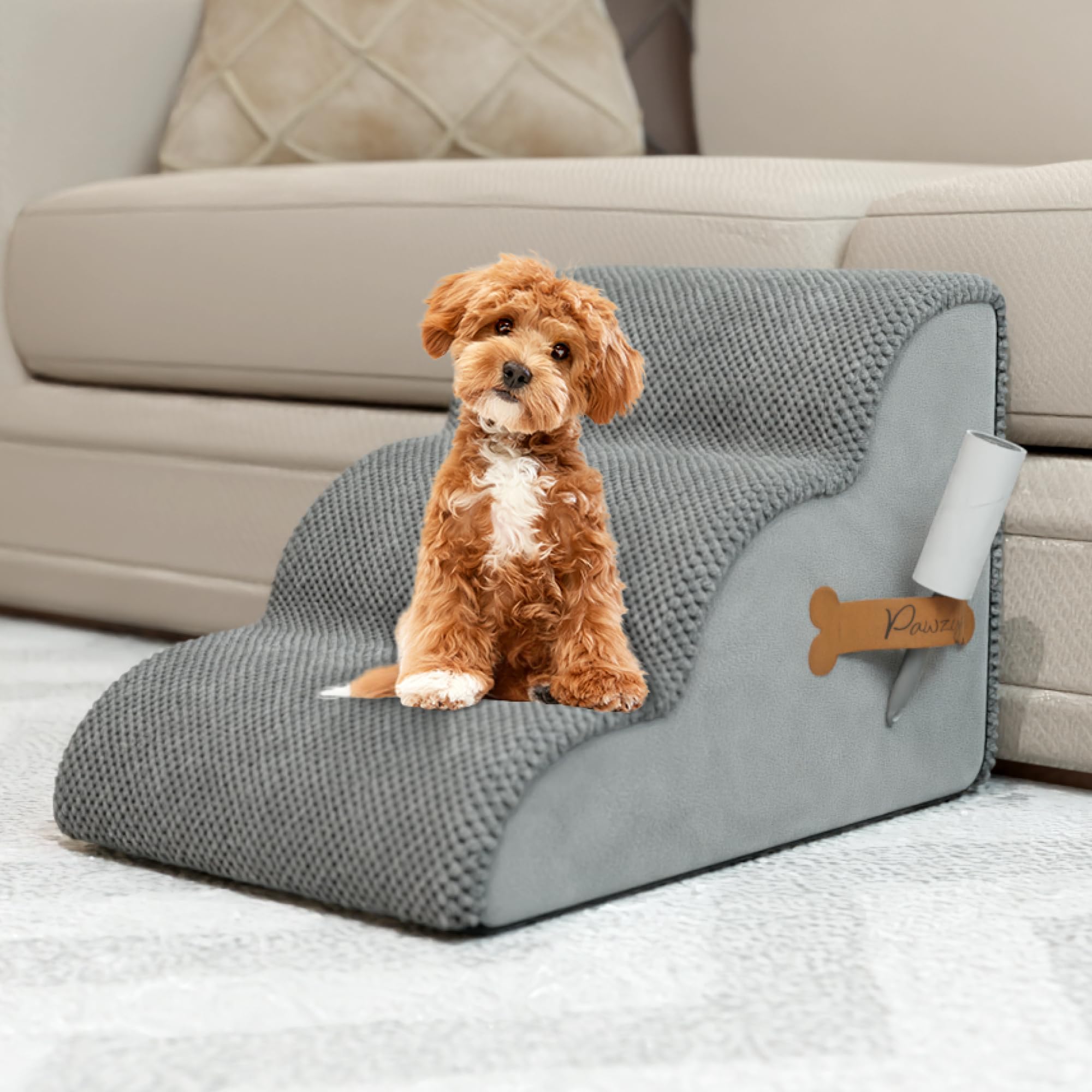 Pawzy Foam Pet Stairs For Bed, Couch Or Window Prefixed Cover - Wide Steps For Bed, Waterproof, Non-Slip Base - 3-Tier Ramp Dog