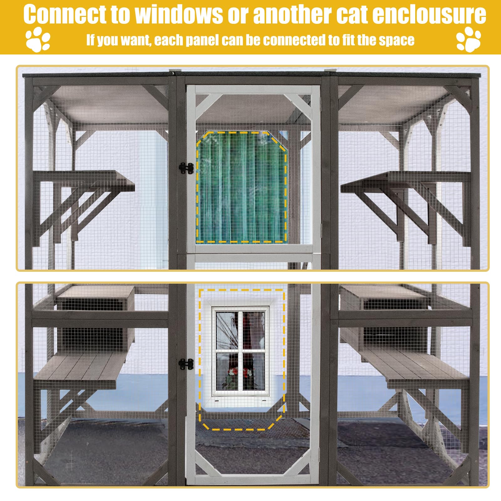 Gowoodhut Outdoor Catio Cat Enclosures - Extra Large Wooden Outdoor Cat House Enclosure Weatherproof With Multi Platforms & Loun