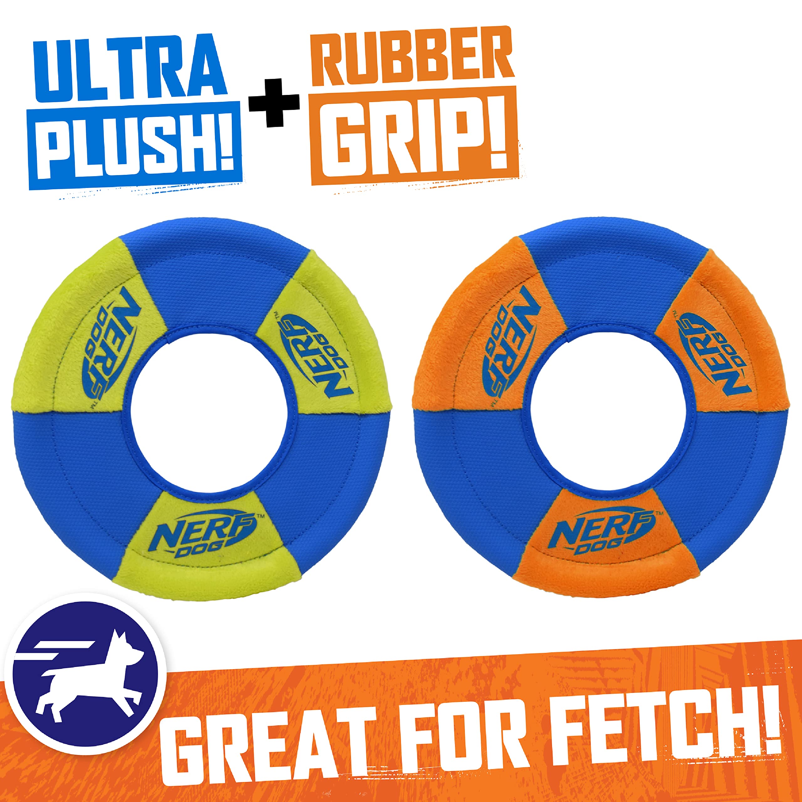 Nerf Dog Toss And Tug Ring Dog Toy, Flying Disc, Lightweight, Durable And Water Resistant, 9 Inch Diameter, For Medium/Large Breeds, Two Pack, Green And Orange