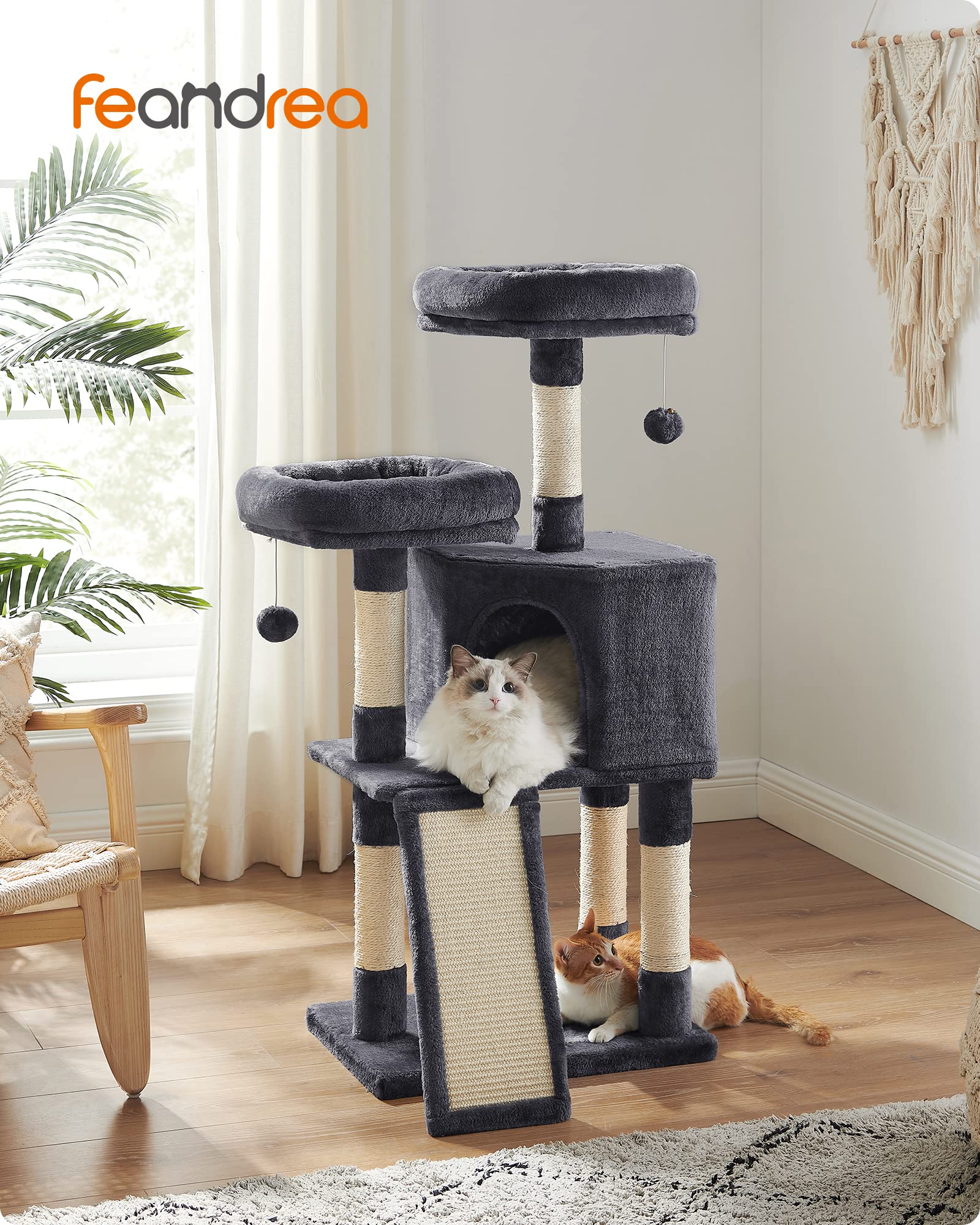 Feandrea Cat Tower, Cat Tree For Indoor Cats, 45.3-Inch Cat Condo With Scratching Post, Ramp, Perch, Spacious Cat Cave, For Kitt