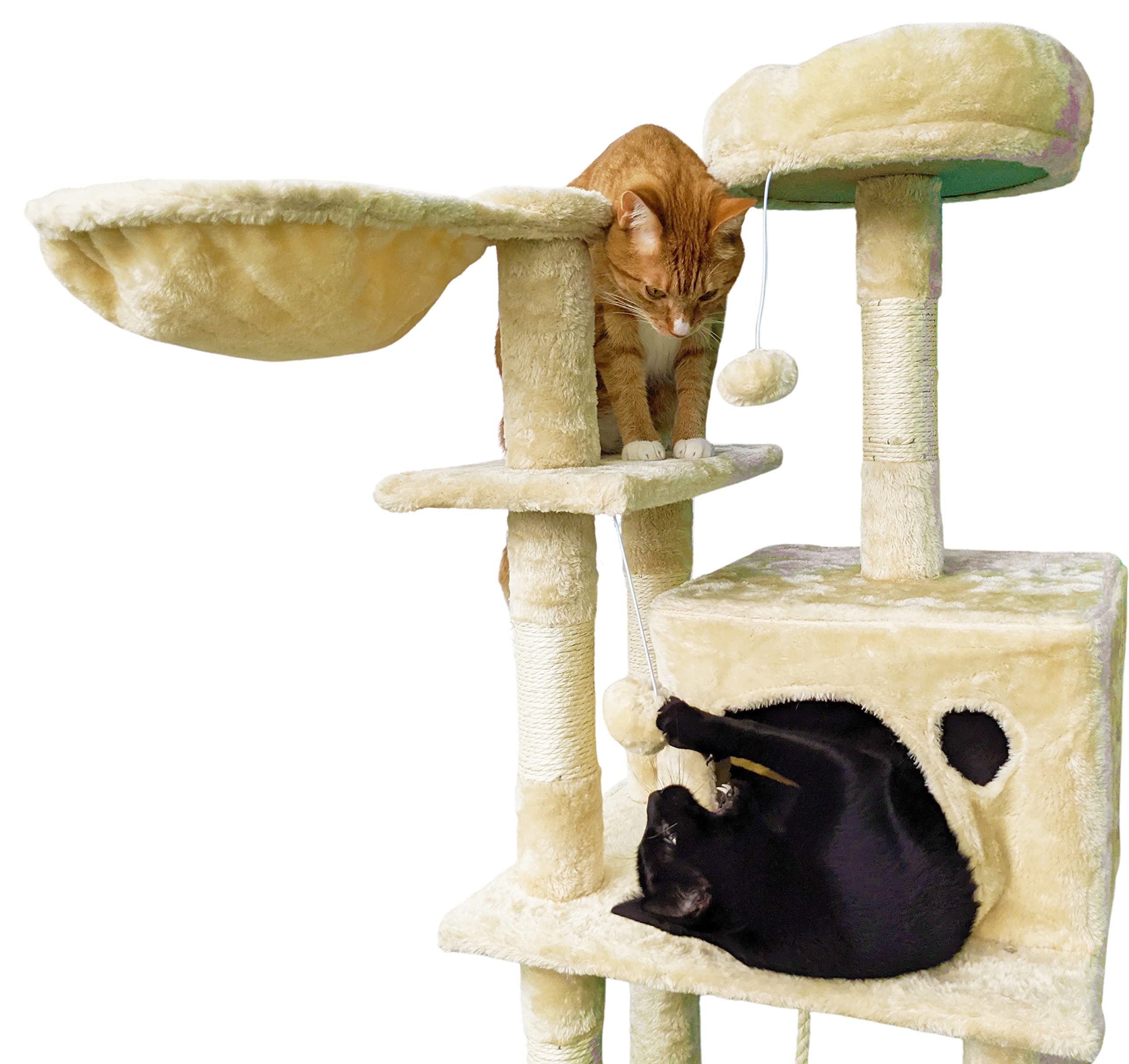 Beige Cat Tree Tower For Indoor Cats & Kittens, 57' Tall Multi-Level With Comfy Perch & Basket, Hideaway Condo, Sisel Scratcher Posts & Ladder, Ball Toys, & Dangling Rope - By Sciencepurchase