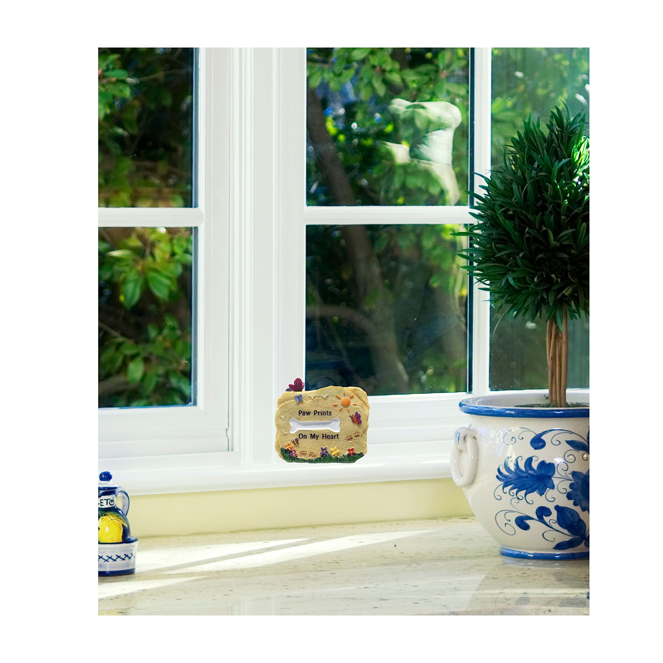 Banberry Designs Dog Memorial Stone - Paw Prints On My Heart Rock With Butterflies, Flowers, Sun - 3.25' W X 2.5' H X 1.5' D - Desktop Pet Remembrance Décor