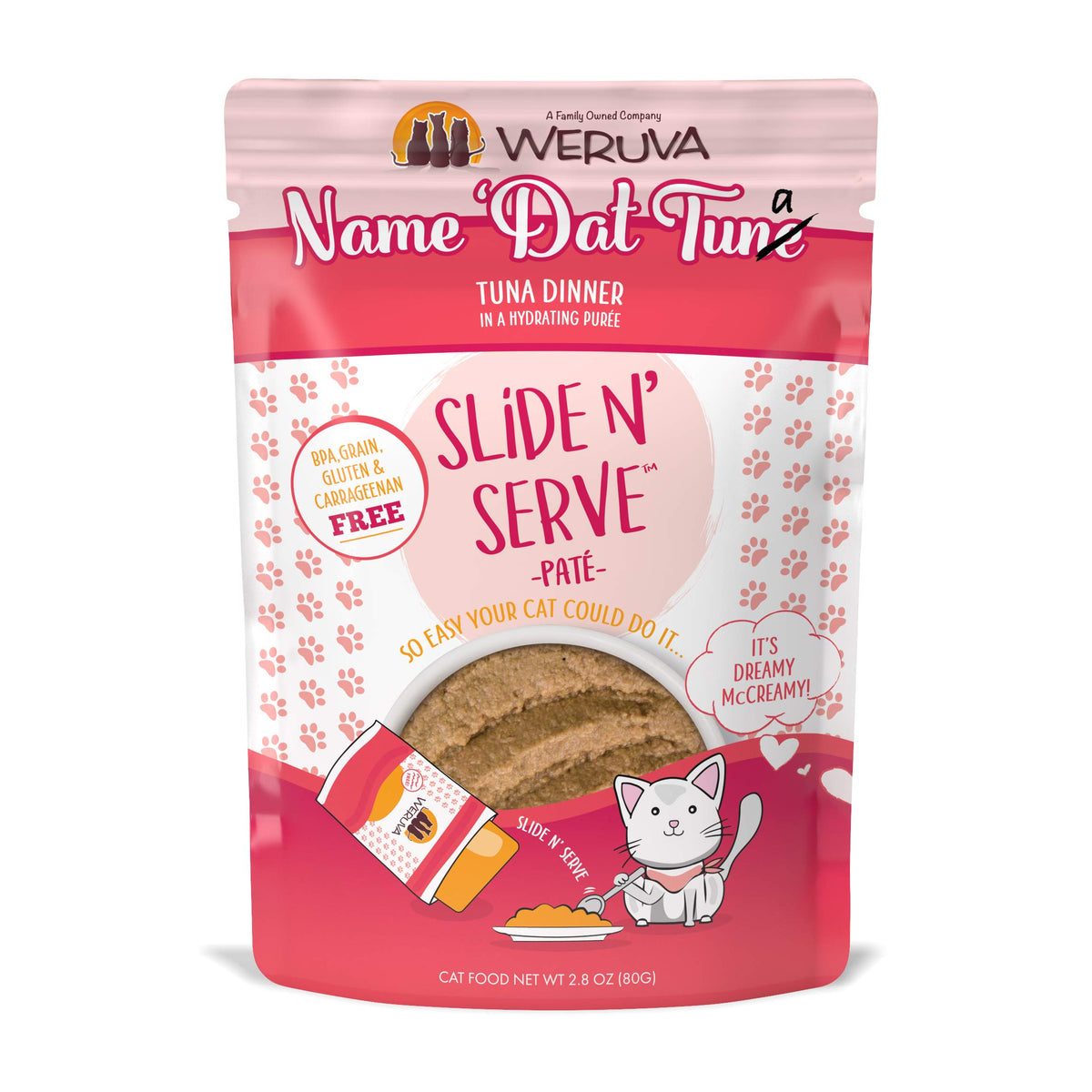 Weruva Slide N' Serve Pat Wet Cat Food, Name 'Dat Tuna Tuna Dinner, 2.8Oz Pouch (Pack Of 12), Red