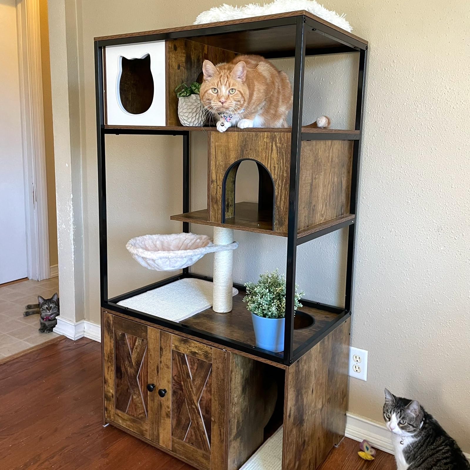 Cat Litter Box Furniture Enclosure 4 Levels Cat Tree Hidden Cabinet With Storage And Scratch,4 Tiers