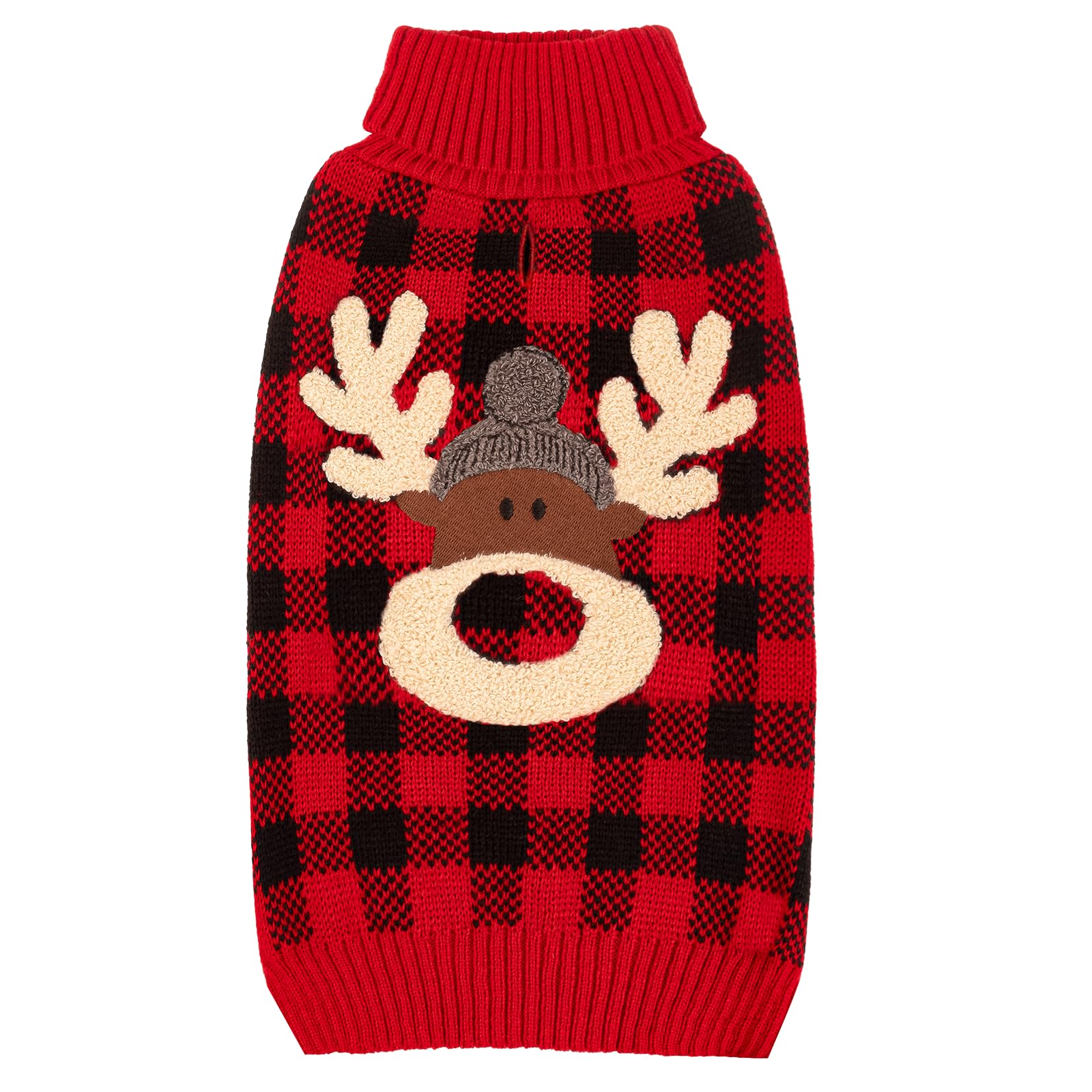 Kyeese Dog Sweater Reindeer With Leash Hole Dog Sweaters Red Buffalo Check Pet Sweater,Xl