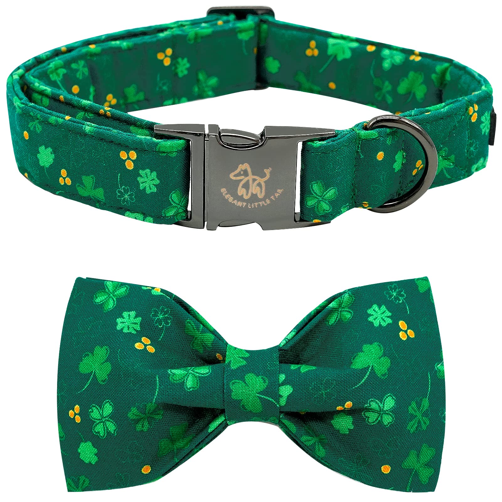 Elegant Little Tail St. Patrick'S Day Dog Collar With Bow - Green Clover Pet Gift Bowtie Adjustable For Medium Dogs