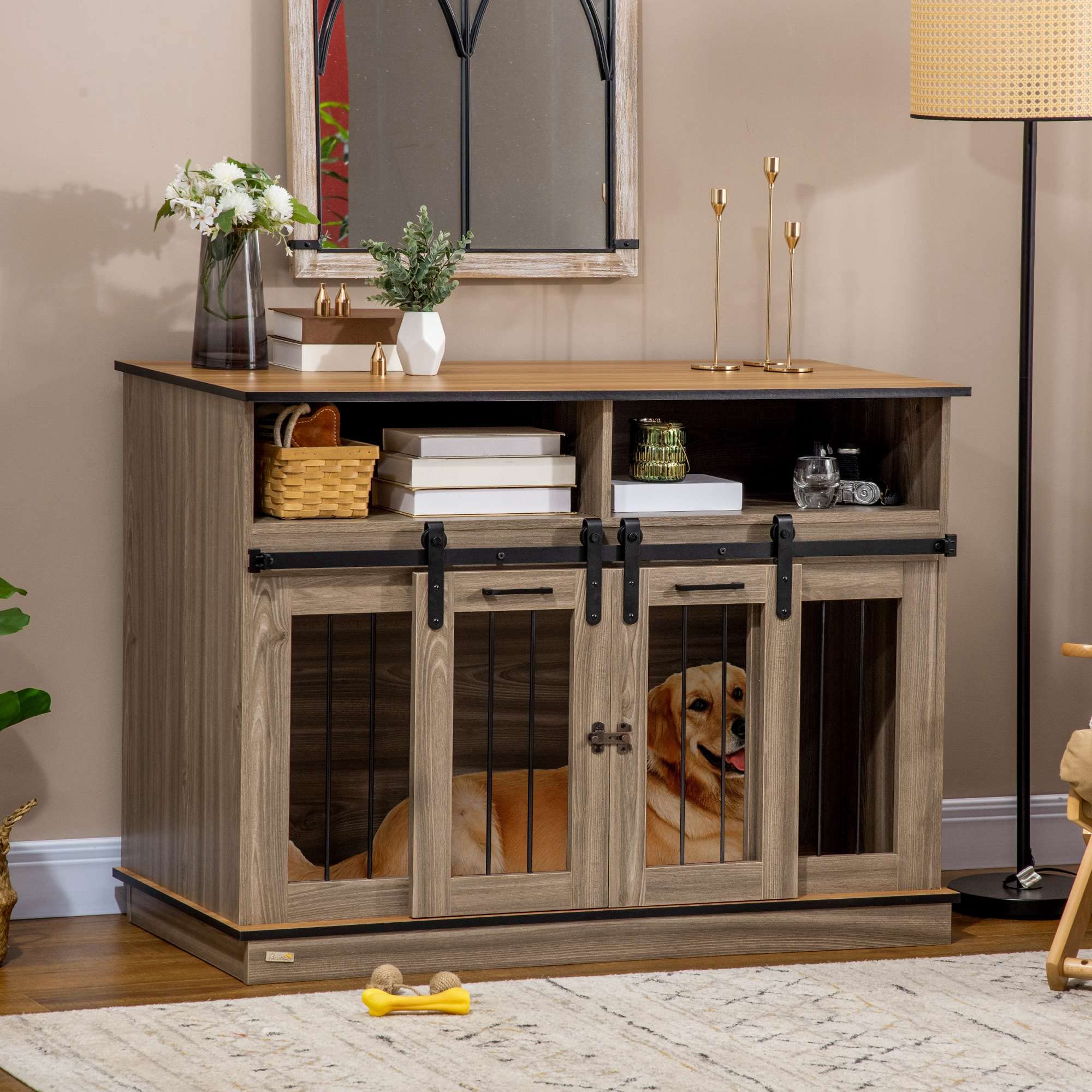 PawHut Dog Crate Furniture for Large Dogs or Double Dog Kennel for Small Dogs with Shelves, Sliding Doors, 47 x 23.5 x 35, Oak