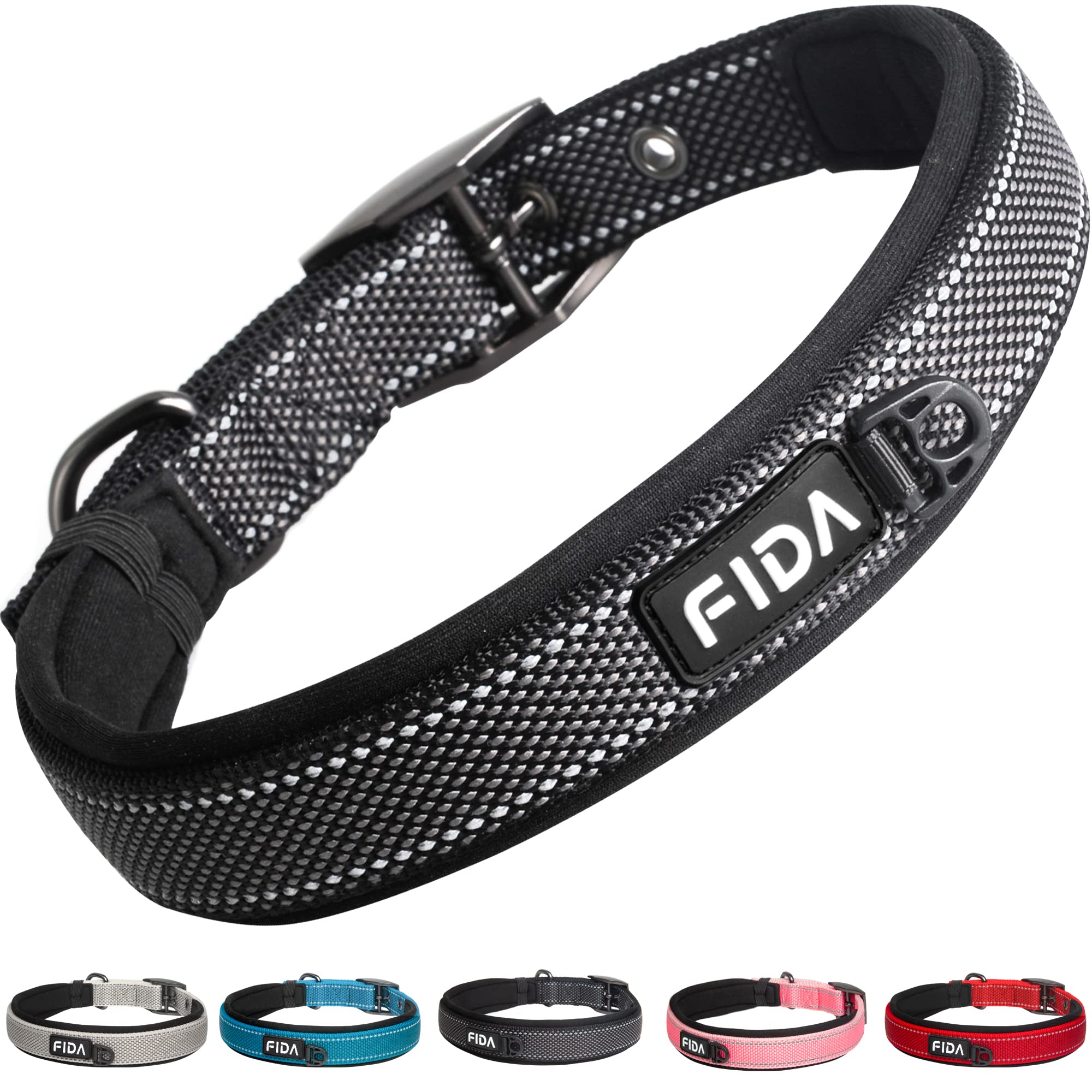 Fida Heavy Duty Dog Collar, Ultra Comfortable Soft Neoprene Padded, Adjustable Reflective Nylon Pet Collar With Durable Metal Be