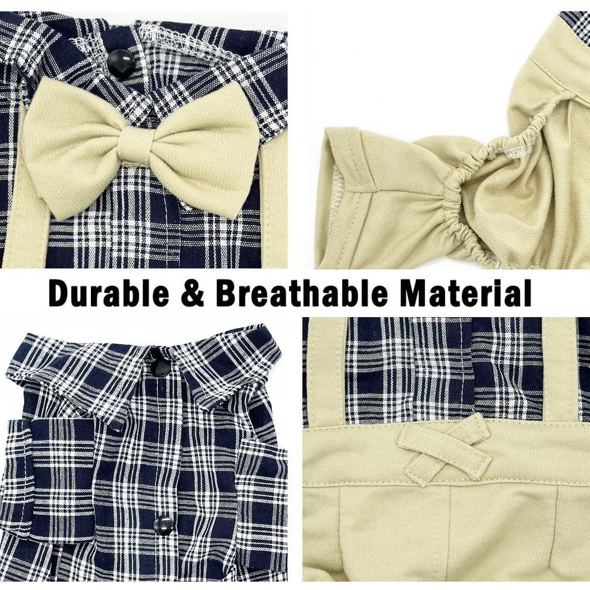 Pet Clothes Dog Shirts Classic Plaid Striped Overall Jumpsuit, Gentle Puppy Wedding Birthday Western Onesies Apparel, Fashion Daily Outfit With Bowtie For Dogs And Cats (Small, Khaki)