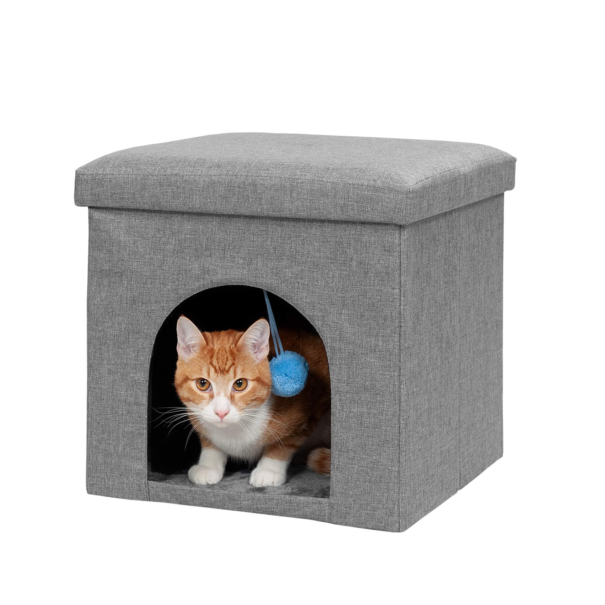 Furhaven Pet House for Indoor Cats & Small Dogs, Collapsible & Foldable w/ Plush Ball Toy - Living Room Footstool Cat Condo - St