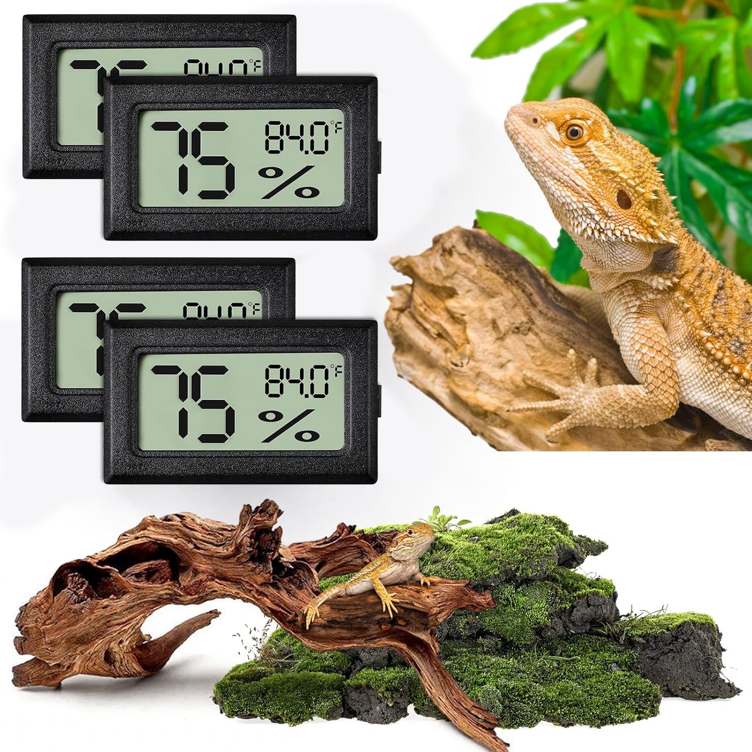 Vodolo Reptile Thermometer And Humidity Gauge,4Pcs Digital Adhesive Reptile Hydrometer Thermomete Tank Accessories Pet Supplies 