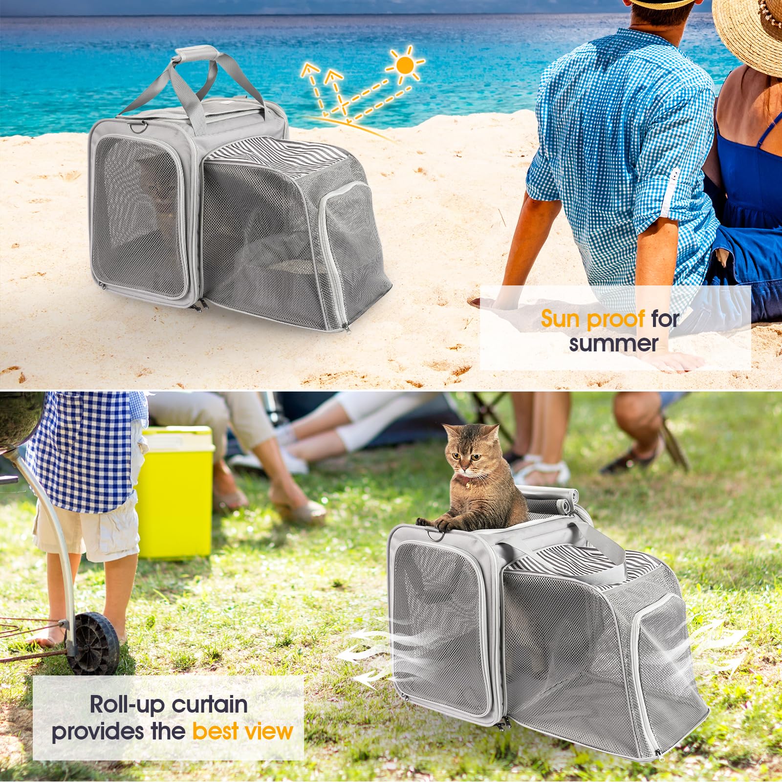 Cat Carrier With Litter Box - Large Travel Cat Carrier Fits Pets Up To 20 Lbs With Inner Safety Strap Escape-Proof Zippers, Port