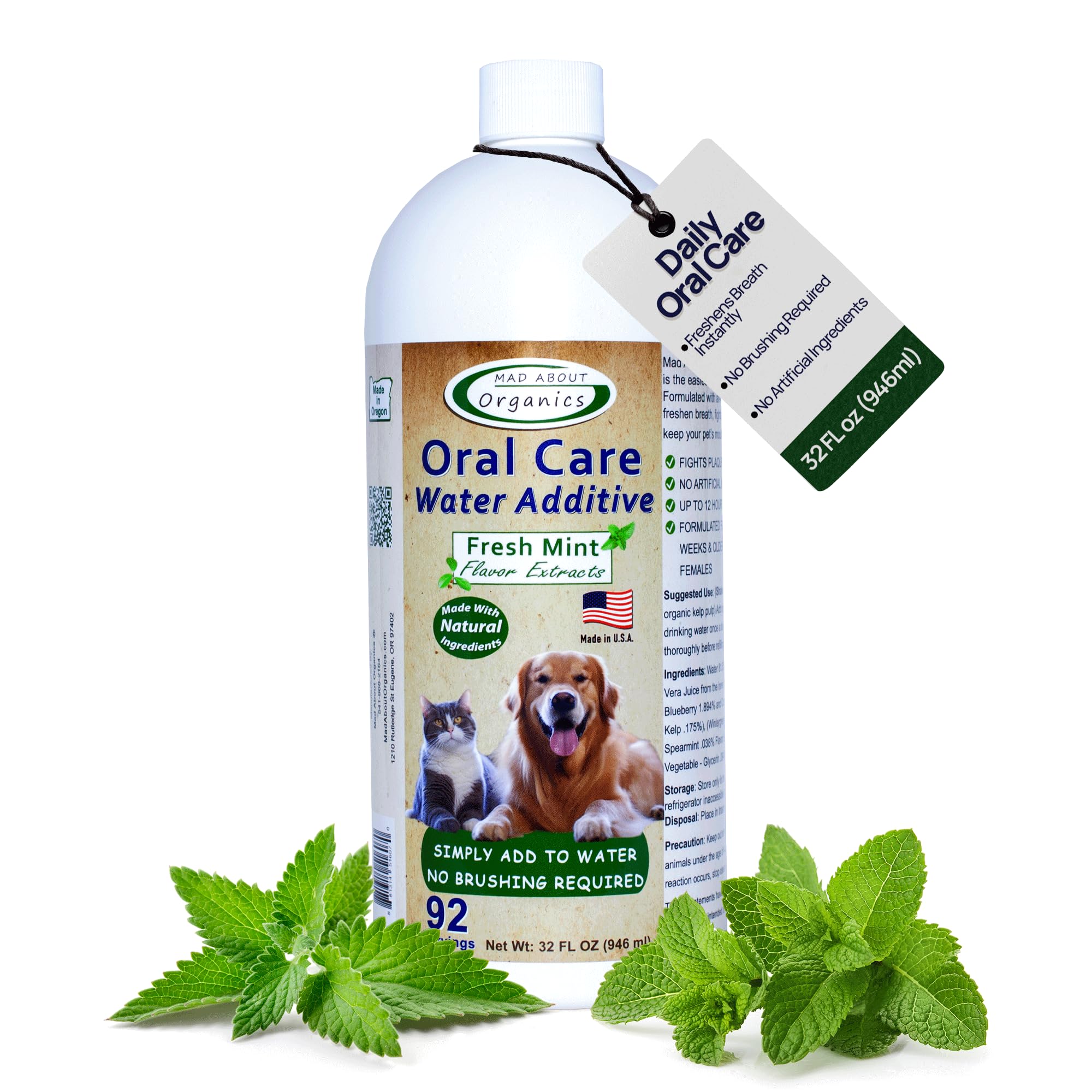 Mad About Organics Oral Care Water Additive for Cats & Dogs - Gentle Dental Support - Reduces Breath Odors, Promotes Gum Health 