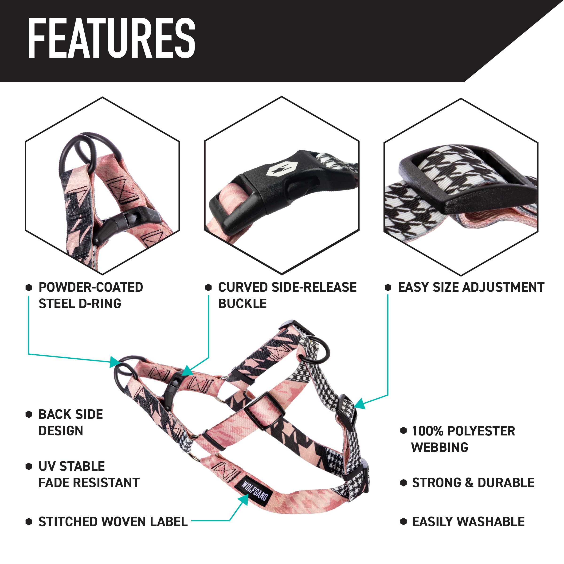 Wolfgang Heavy Duty Adjustable Dog Harness, Pull-Tested to Over 800 lbs for Walking & Training, HoundsPink Print, Small