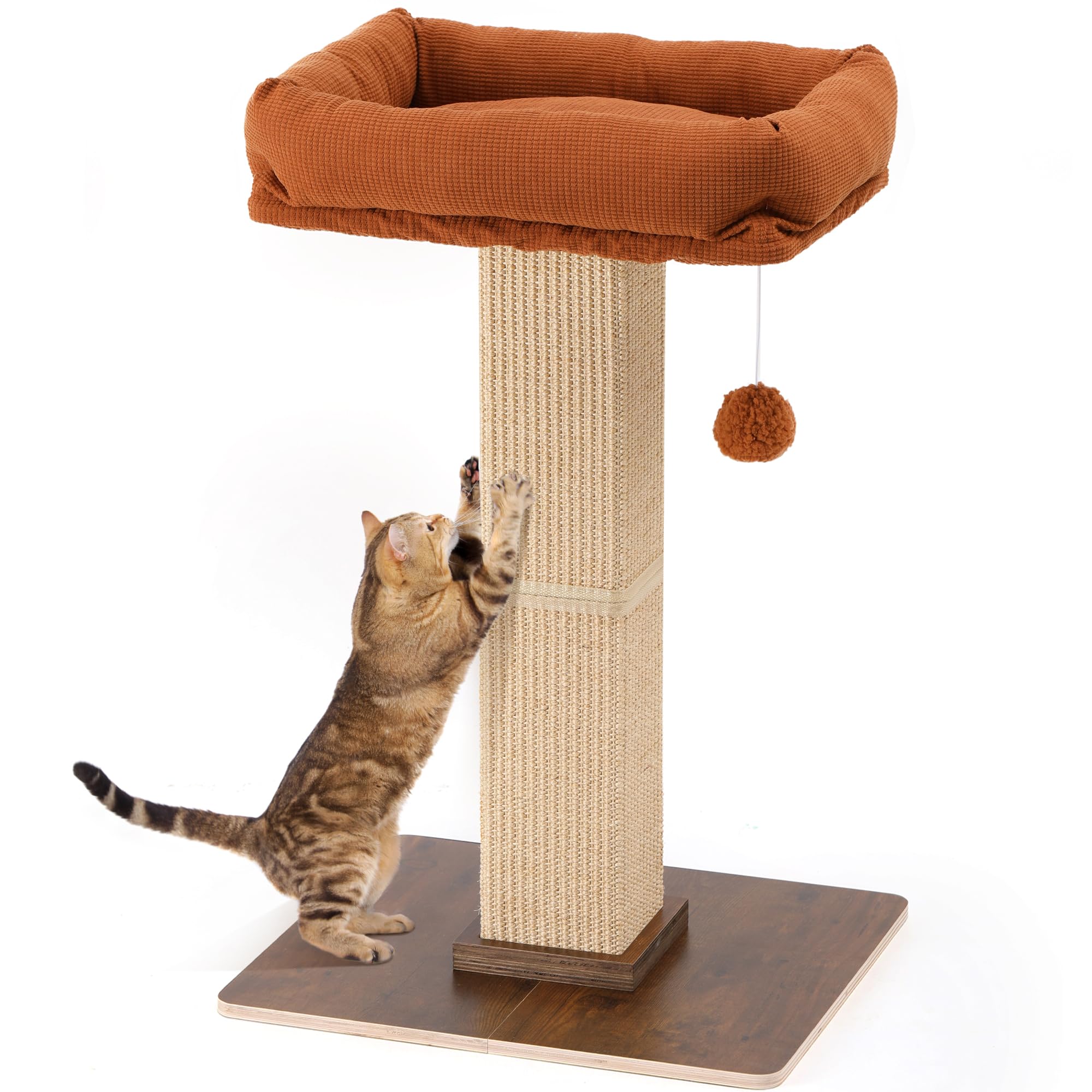 FUKUMARU Cat Scratching Post, Retro-Style Tall Scratch Posts with Perch for Infoor Cats Adults, Large Cat Scratcher Tower with B