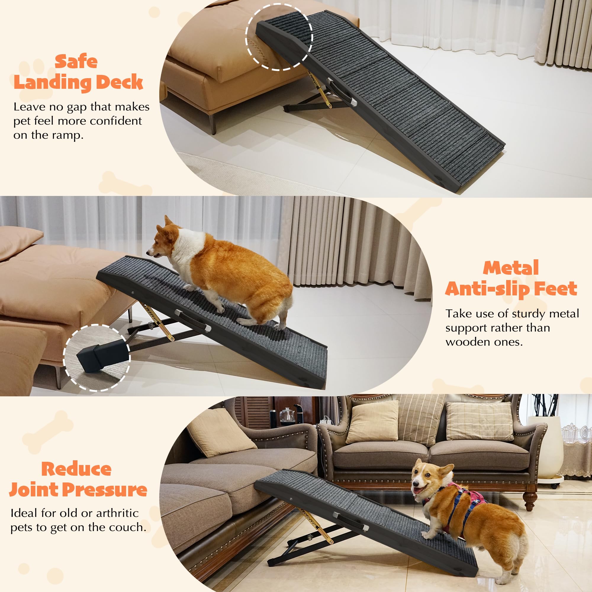 PETKARAY Dog Ramp for Bed, Indoor Dog Step for Couch, Folding Portable Stairs for Small Medium Large Dogs, 47 Long Adjustable He