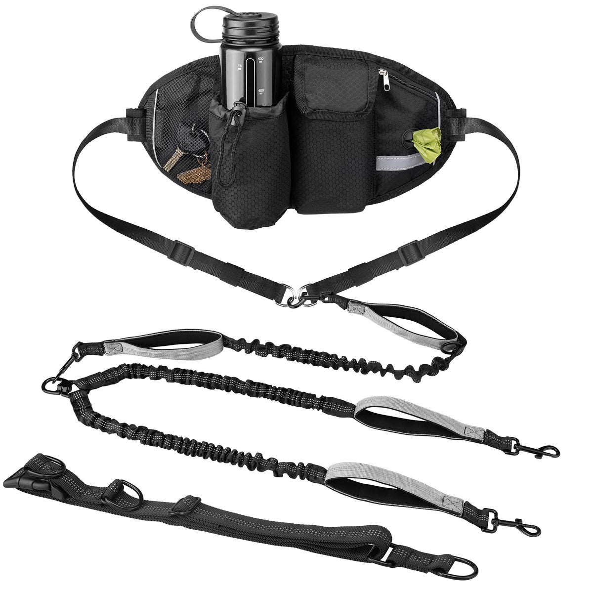 1 To 2 Dog Hands Free Leashes + Adjustable Waist Belt Fanny Pack + Adjustable Belt, Reflective Stitching, Dual Handle, Hands Fre