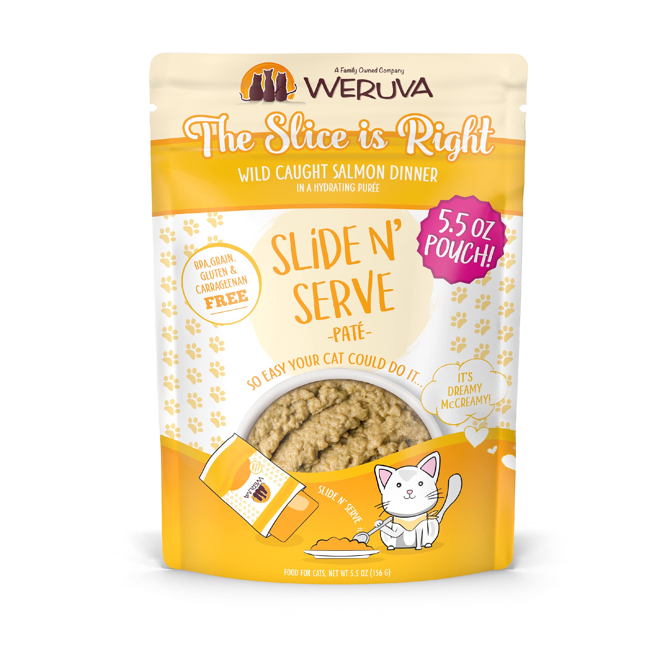 Weruva Wet Cat Food, The Slice is Right with Wild Caught Salmon Pate, 5.5oz Slide N Serve Pouch, Pack of 12