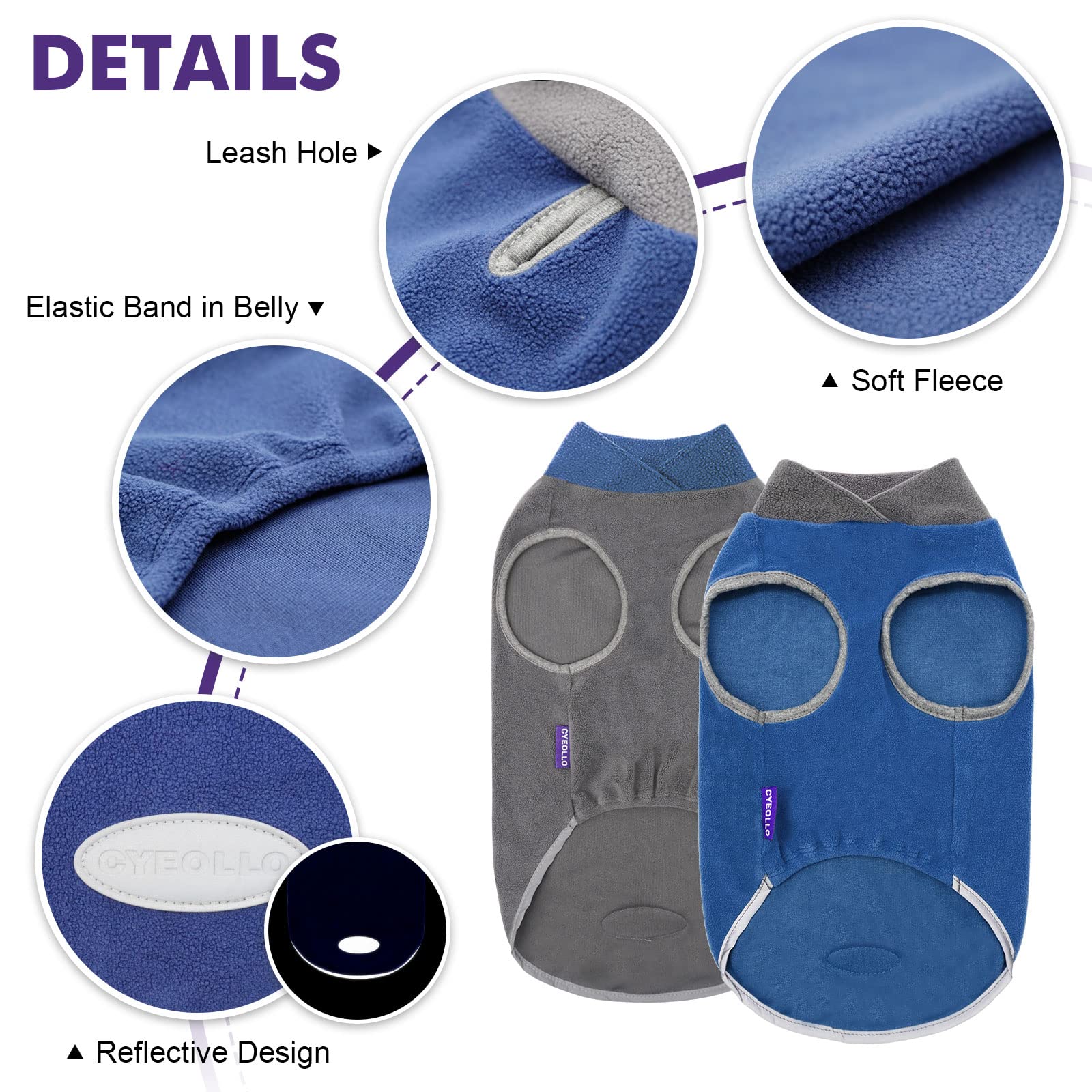 Cyeollo 2 Pack Reflective Dog Sweatshirt Pullover Fleece Vest With Leash Hole For Small Puppy Dogs Size S