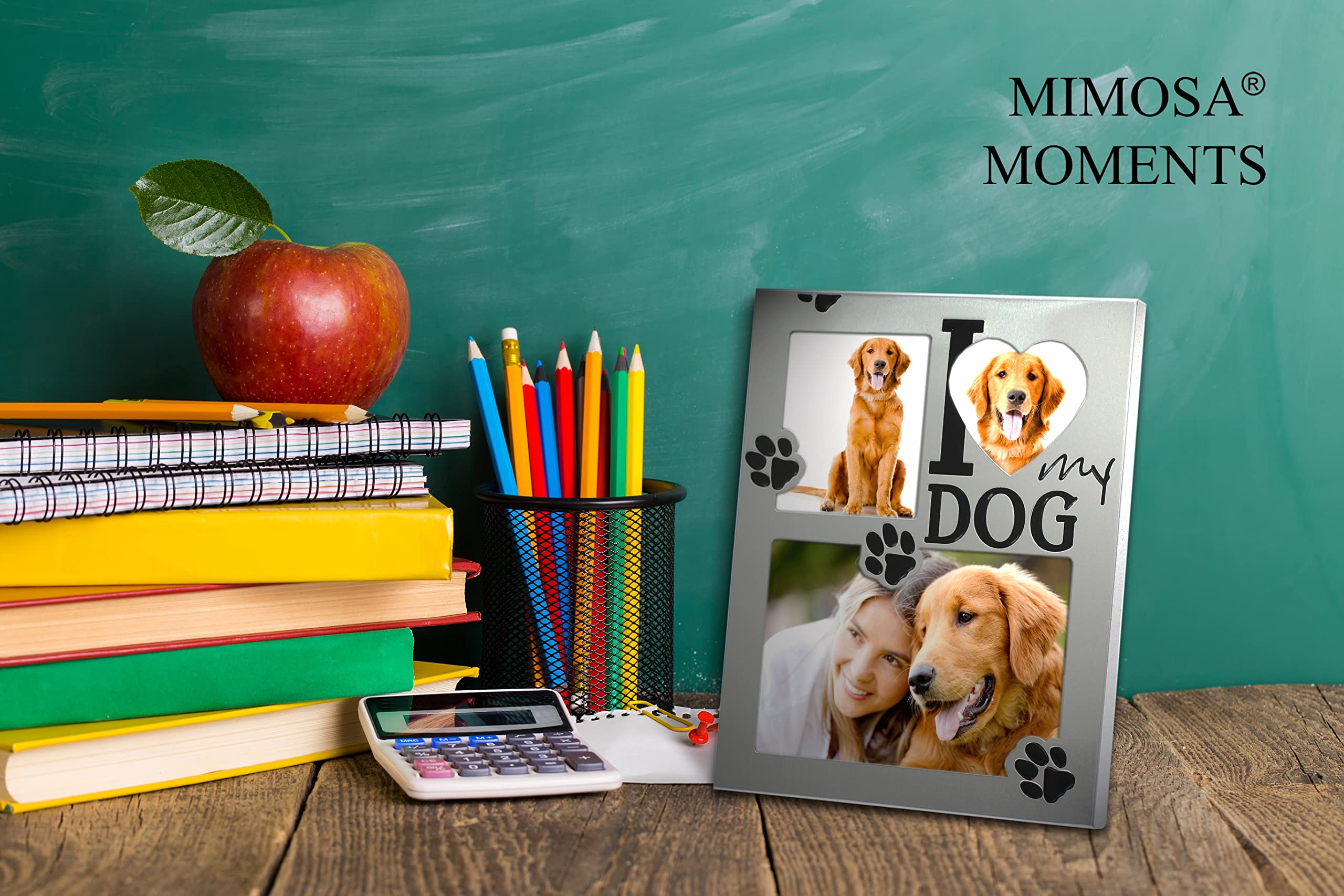 Mimosa Moments Metal Pet Picture Frame Saying I Love My Dog With Paw Print & Three Openings (Silver-Tone With Black Antique Fini