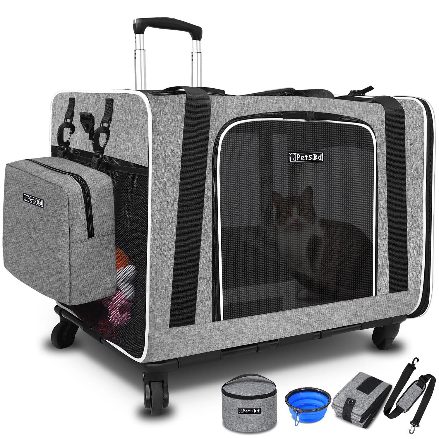 Petskd Extra Large Cat Carrier with Wheels and Litter Box 24 x17 x17  for Large Cat or 2 Small Cats, Collapsible Soft Sided Pet 