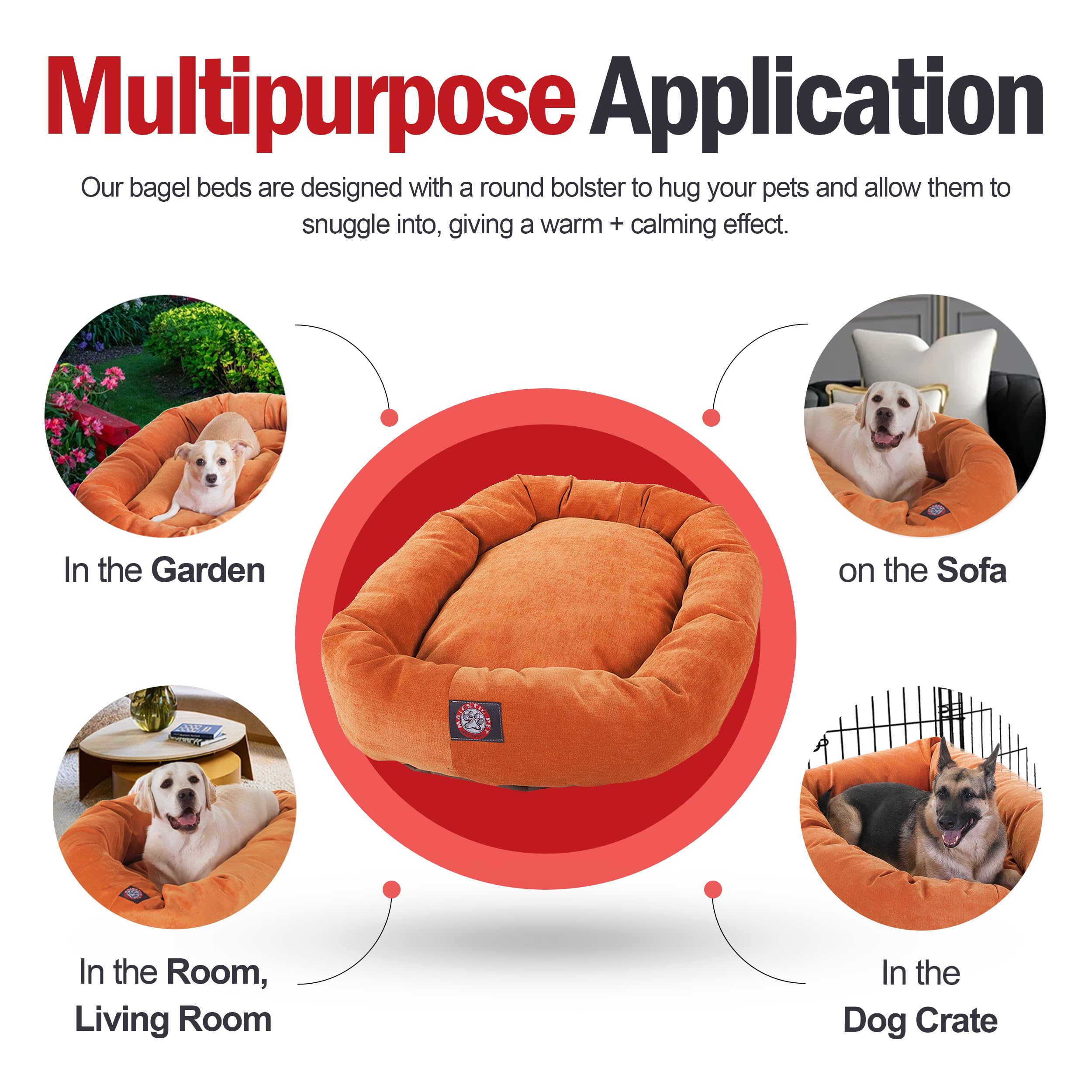 Majestic Pet 40 Inch Micro Velvet Calming Dog Bed Washable – Cozy Soft Round Dog Bed With Spine For Head Support - Fluffy Donut Dog Bed 40X29X9 (Inch) – Round Pet Bed Large – Orange