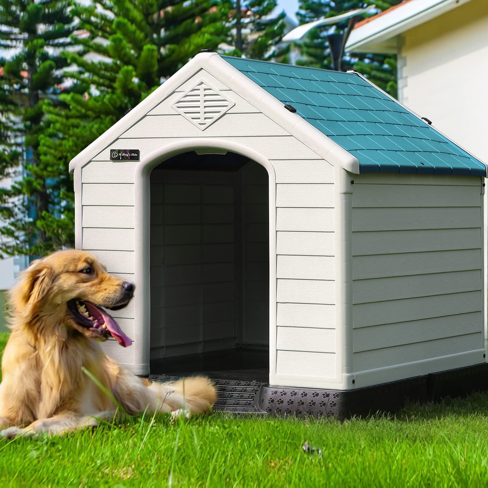 OFIKA Insulated Plastic Dog House for Small to Large Dogs - Durable, Waterproof, Elevated Floor, Ventilated, Easy Clean - Red/Blue/Gray