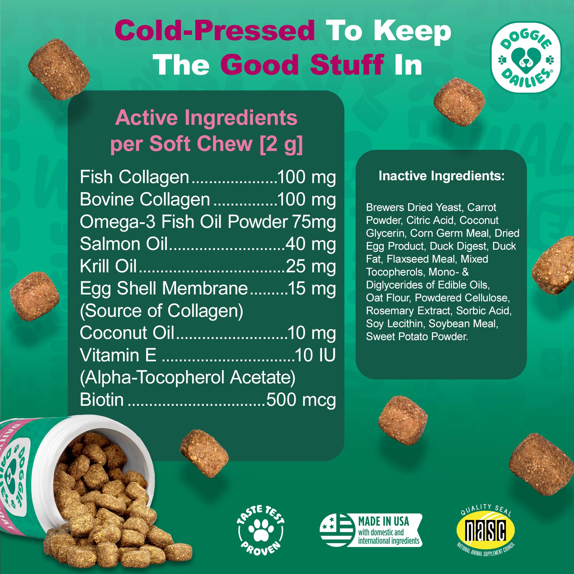 Doggie Dailies Skin & Coat Supplement Support, Salmon Oil for Dogs Skin and Coat with Collagen, Omega 3, Krill Oil, Biotin, & Co