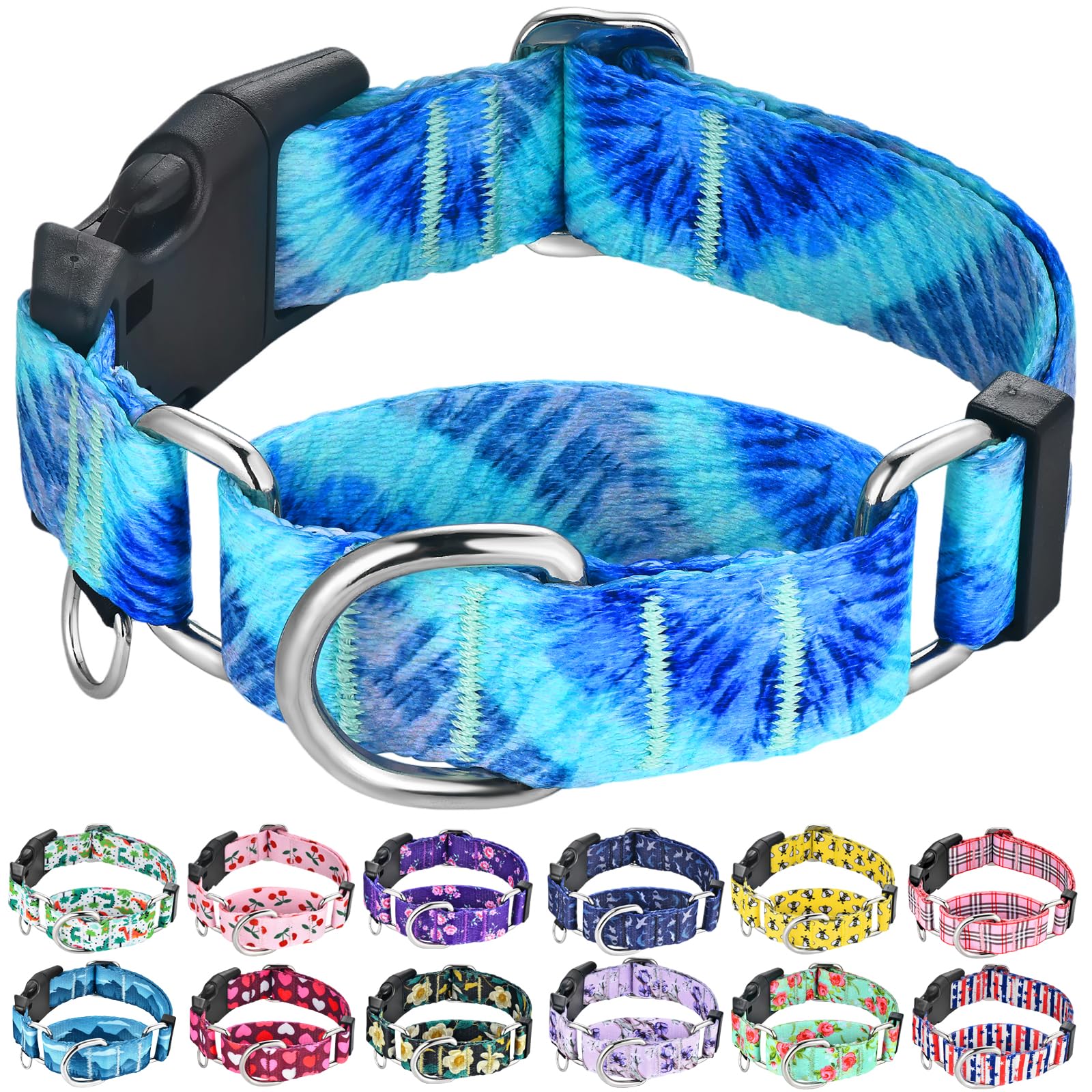 Fidohug Martingale Collar With Buckle Blue Tie Dye Training Collar Adjustable Nylon Boy Dog Collars (Blue Teal, Large)