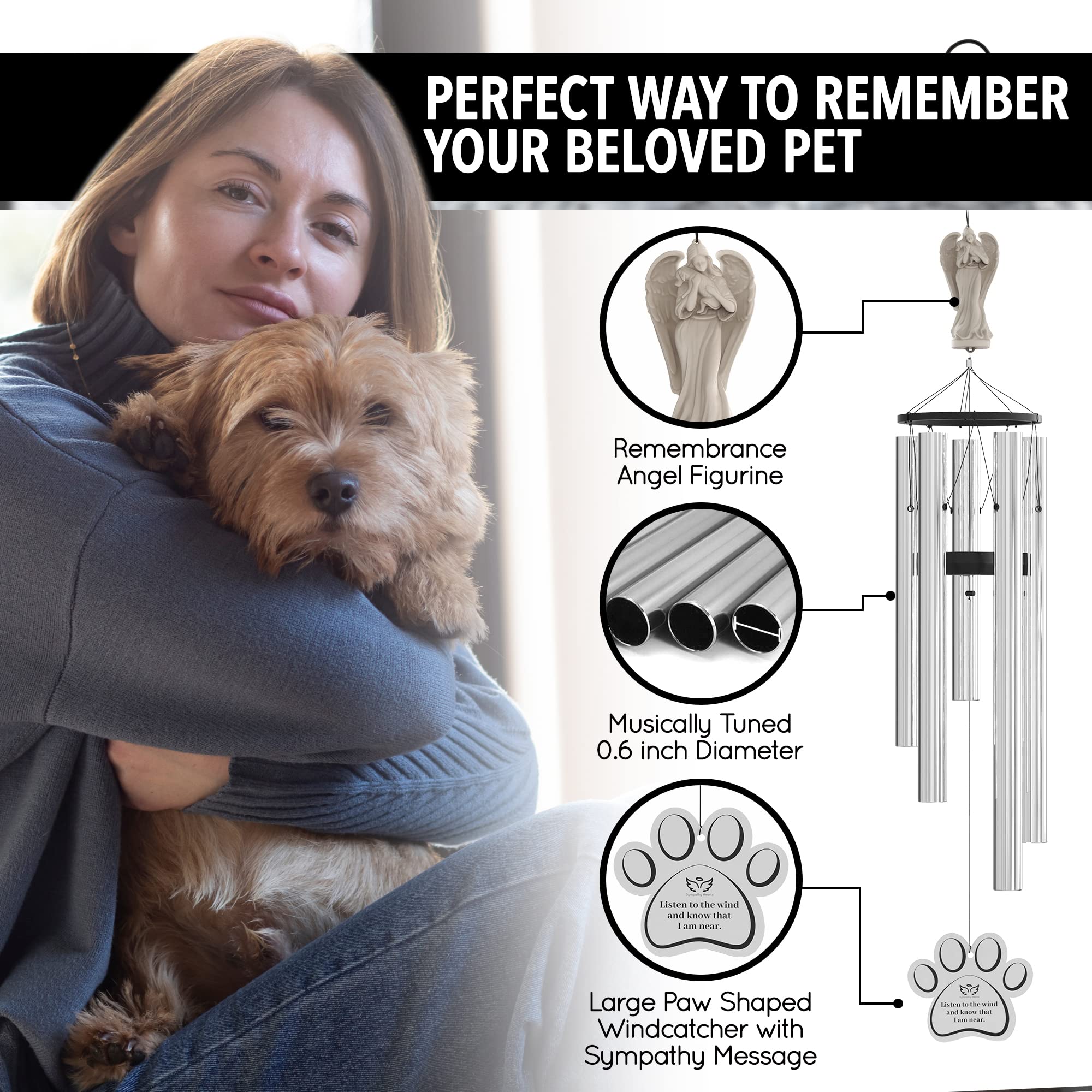 Sympathy Hearts Dog Memorial Wind Chime For Loss Of Dog - Dog Memorial Gifts For Loss Of Dog, 34'' Pet Memorial Wind Chimes For