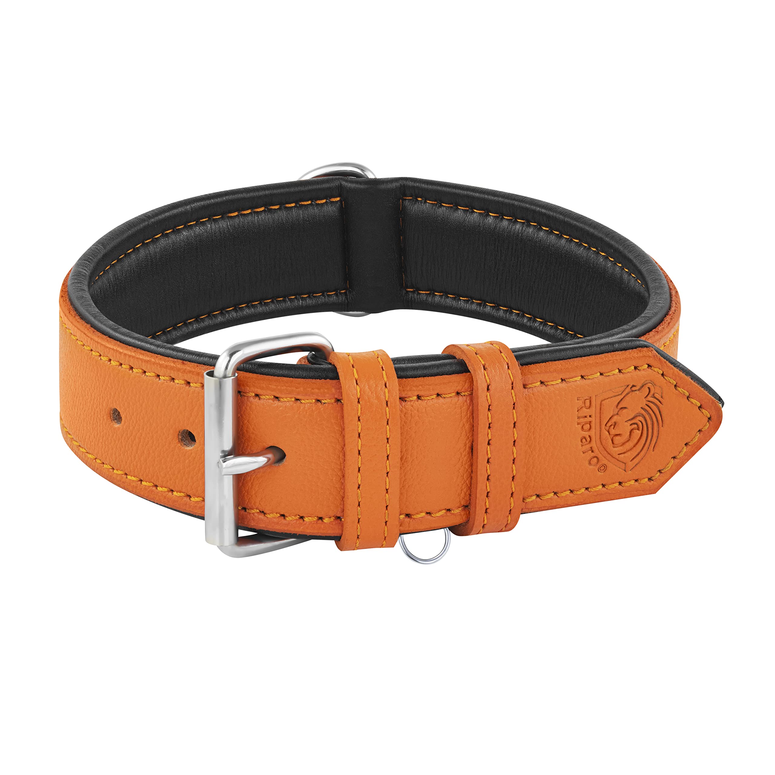 Riparo Orange Leather Dog Collar - Padded Heavy Duty Wide Dog Collar For Small, Medium, Large And Extra Large Dogs With Dog Tag 