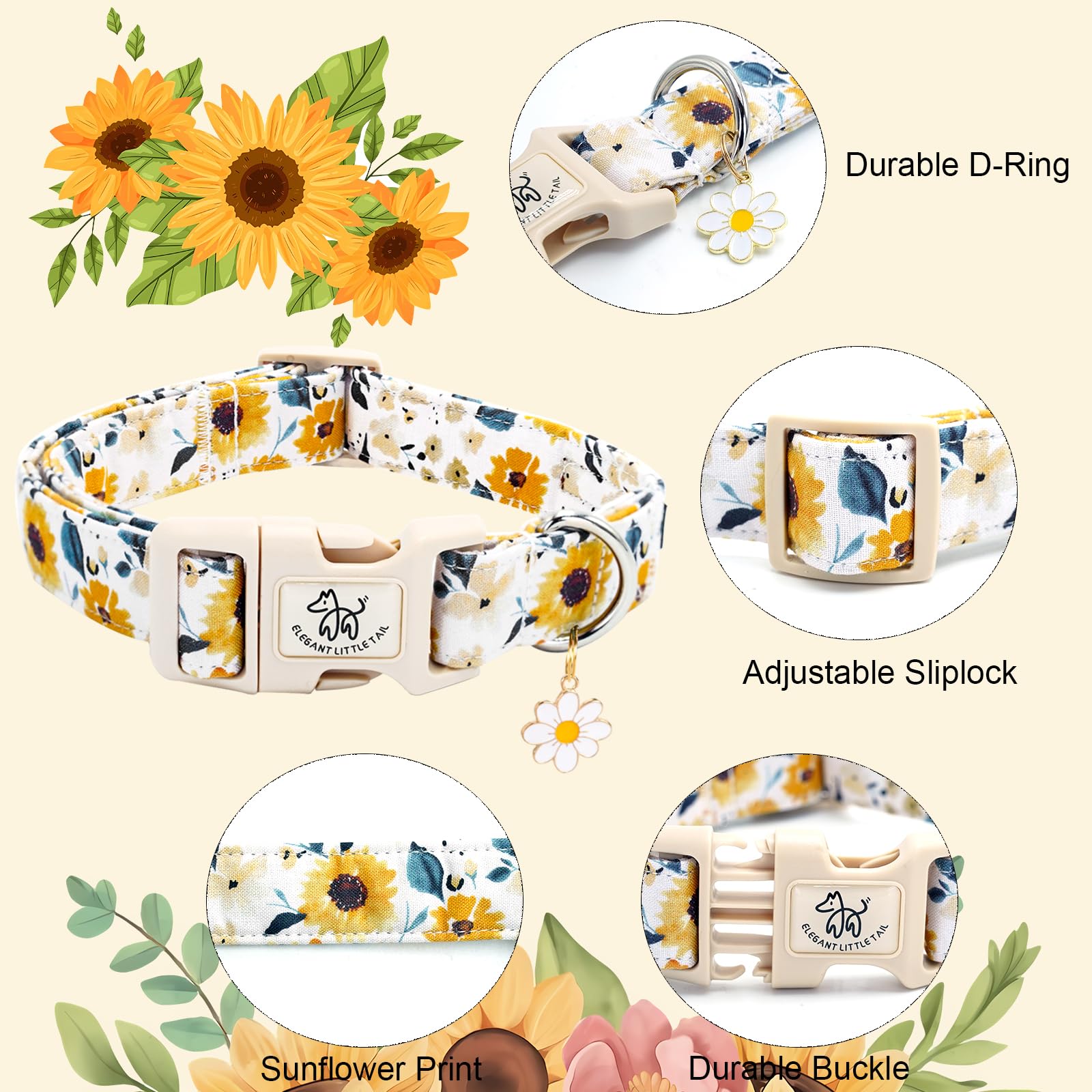 Elegant Little Tail Dog Collar, Sunflower Pattern Pet Collar Cute Durable Spring Female Or Male Adjustable Cotton Pet Collar Wit