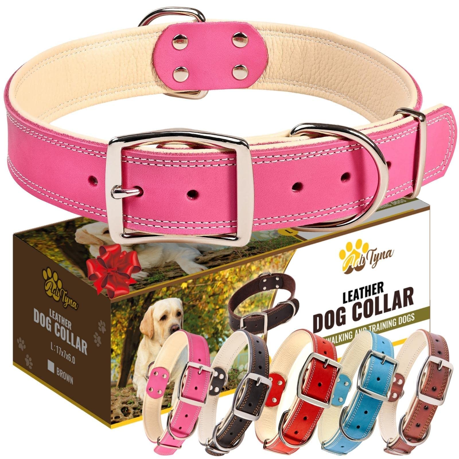 Adityna Heavy Duty Real Leather Dog Collar For Large Dogs - Pink Large Dog Collar - Soft And Strong Thick Dog Collar With Double Metal Buckle