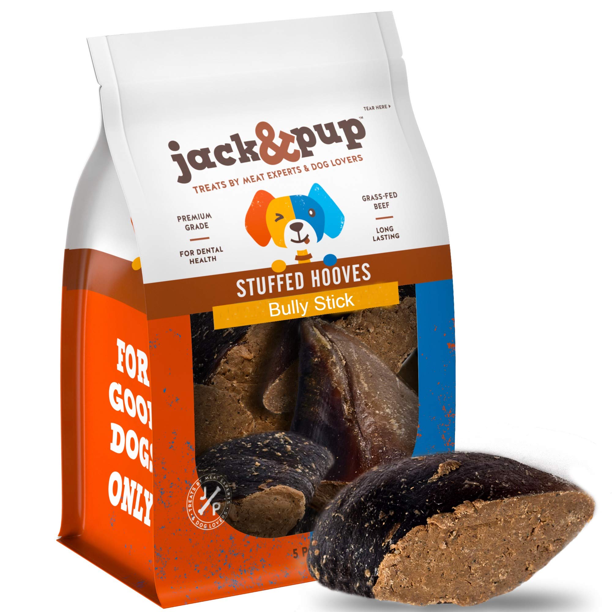 Jack&Pup Filled Cow Hooves for Dogs, Cow Hoofs for Dogs, Natural Dog Chews, Stuffed Bones (Bully Stick Flavor) 5 Pack