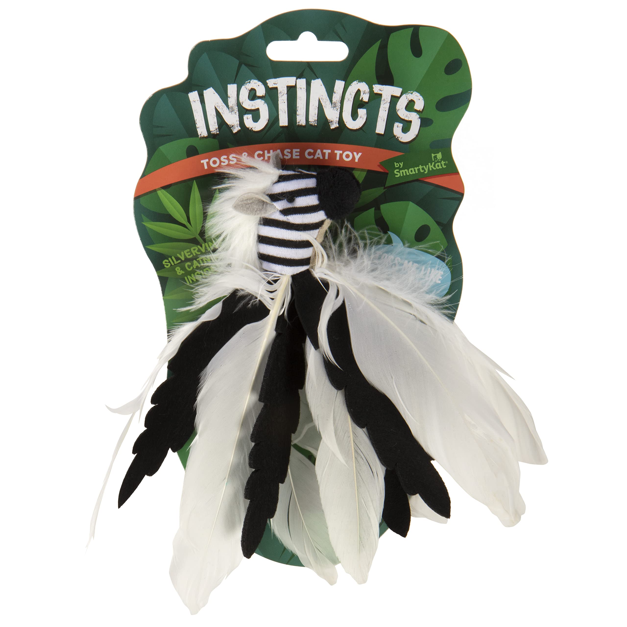 Smartykat Instincts Happynip Zingy Zebra Feathered Toss & Chase Interactive Cat Toy, Contains Catnip & Silvervine - White/Black,
