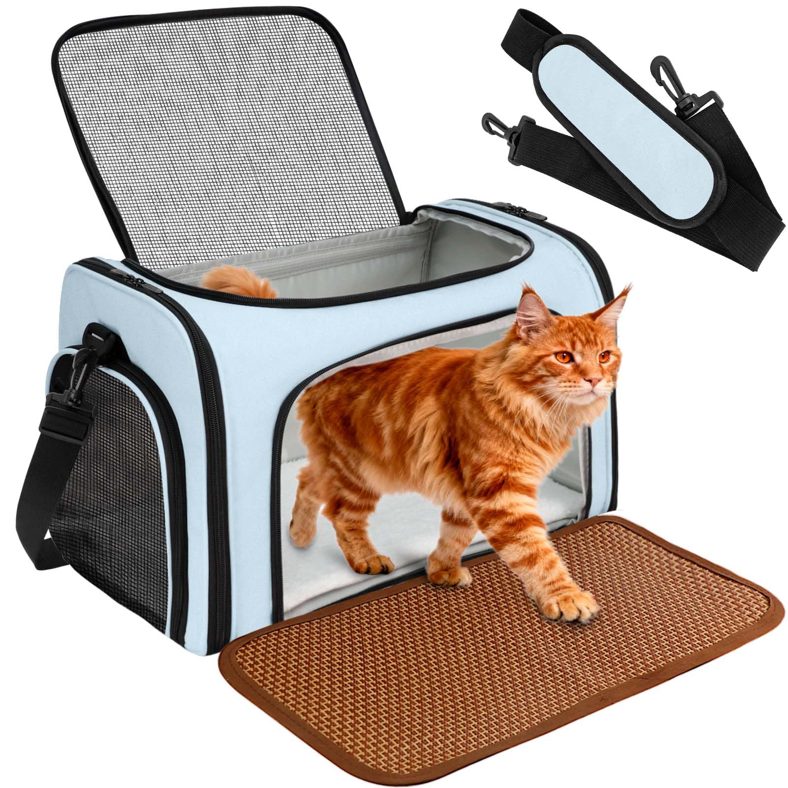 DSDCDJ Cat Carrier Dog Carrier - Soft-Sided Cat Carrier with Plush Pad & Cooling Mat, Easy-Load 4-Side Zipper & 3-Side Mesh Vent