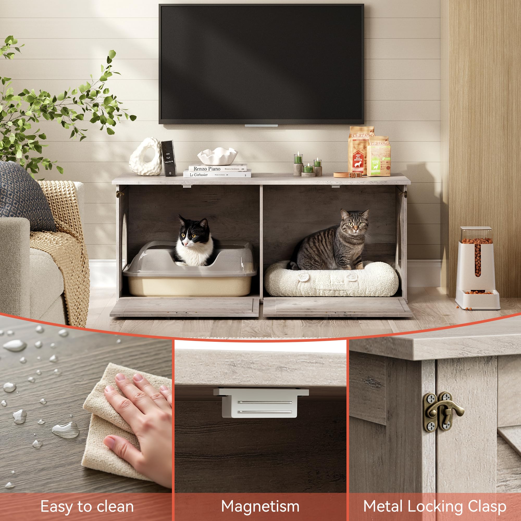 Herture Double Cat Litter Box Enclosure, Hidden Litter Box Cabinet Furniture, Modern Litter Box Storage, Enclosed Cat Litter Box